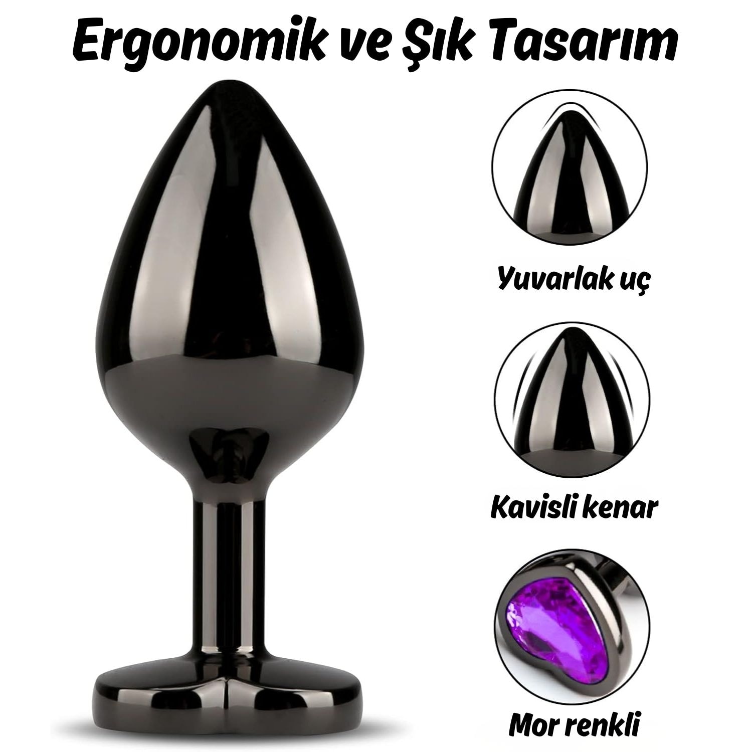 Başlangıç ve İleri Seviye Genişletmek İçin 3 Farklı Boyutta Mor Mücevher Taşlı Metal Anal Plug Eğitim Set - Siyah detay
