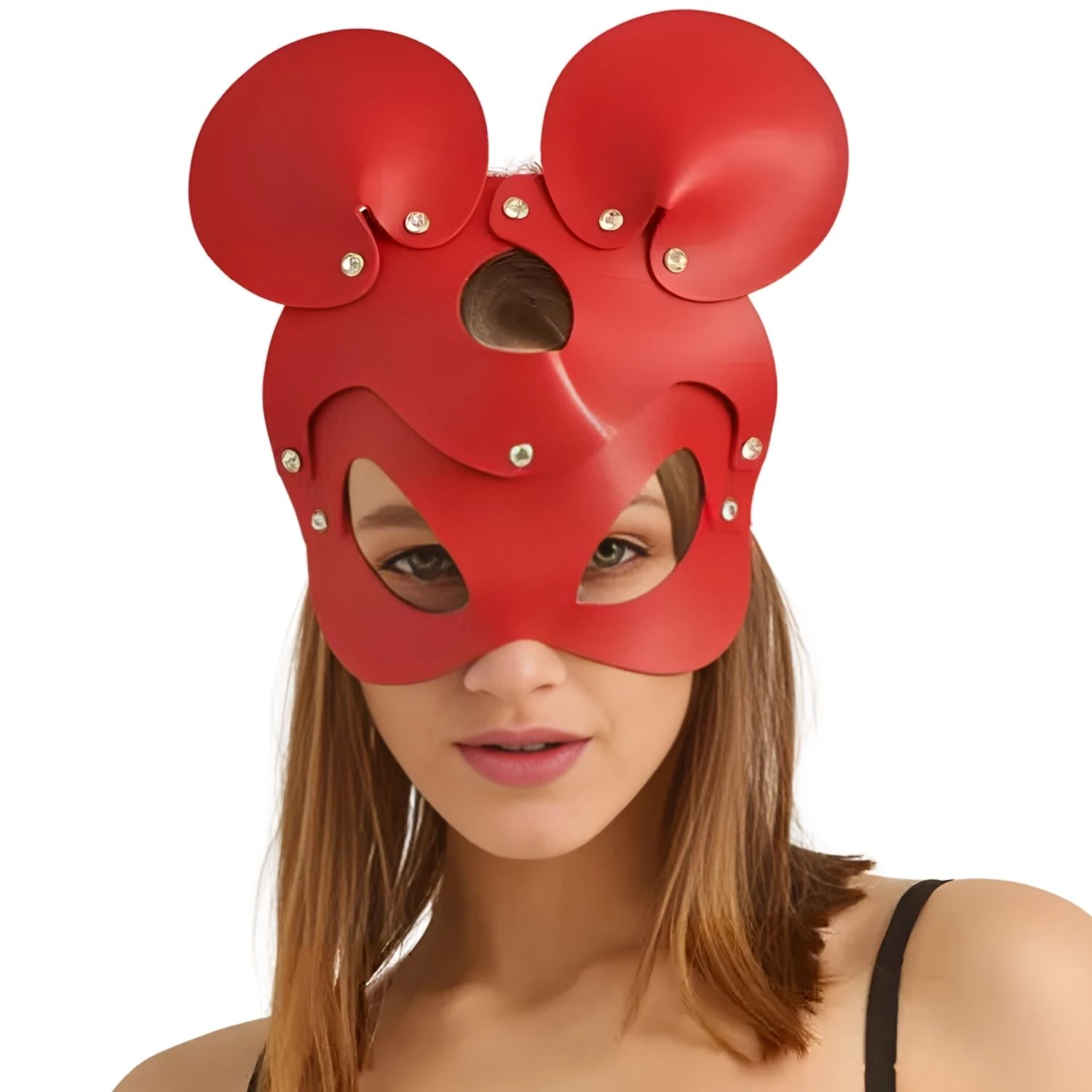 Sens Fantasy Mickey Mouse Mask Yuvarlak Kulaklı Fantezi Deri Maske - J967 - Kırmızı
