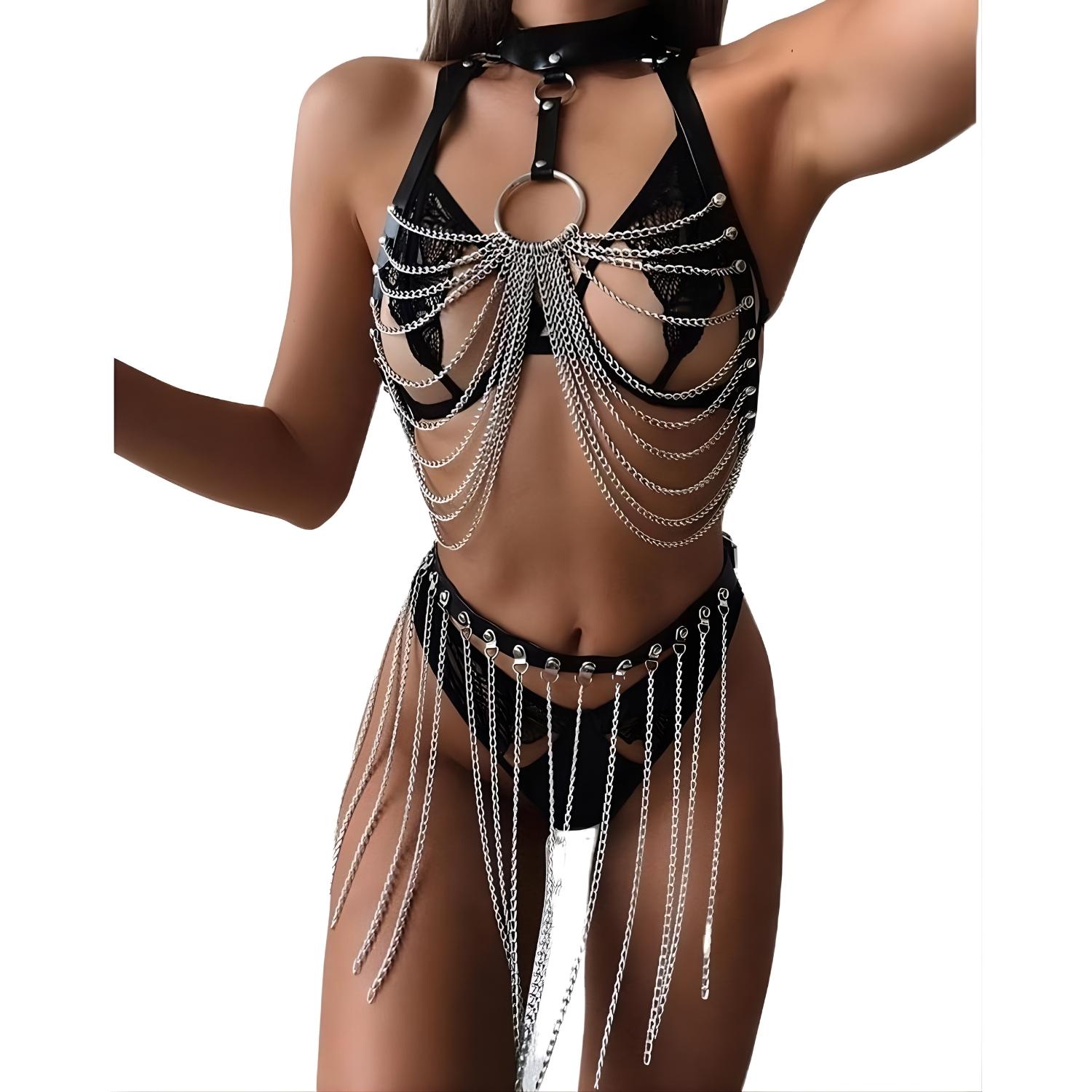 Sens Fantezi İç Giyim Siyah Deri Alt Üst Erotik Takım Zincir Harness Set - J389