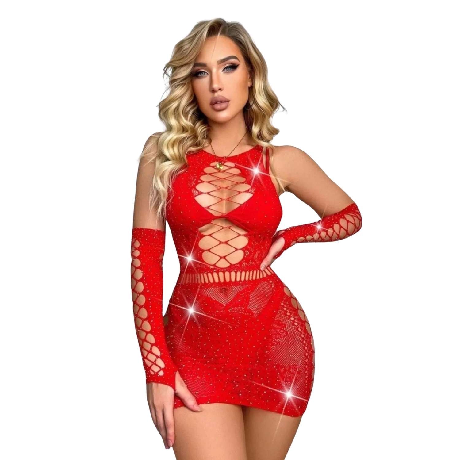 Sens Fantezi Mini Elbise Uzun Eldivenli Erotik İç Giyim Parlak Taşlı Seksi Vücut Çorabı - 79516 - kırmızı