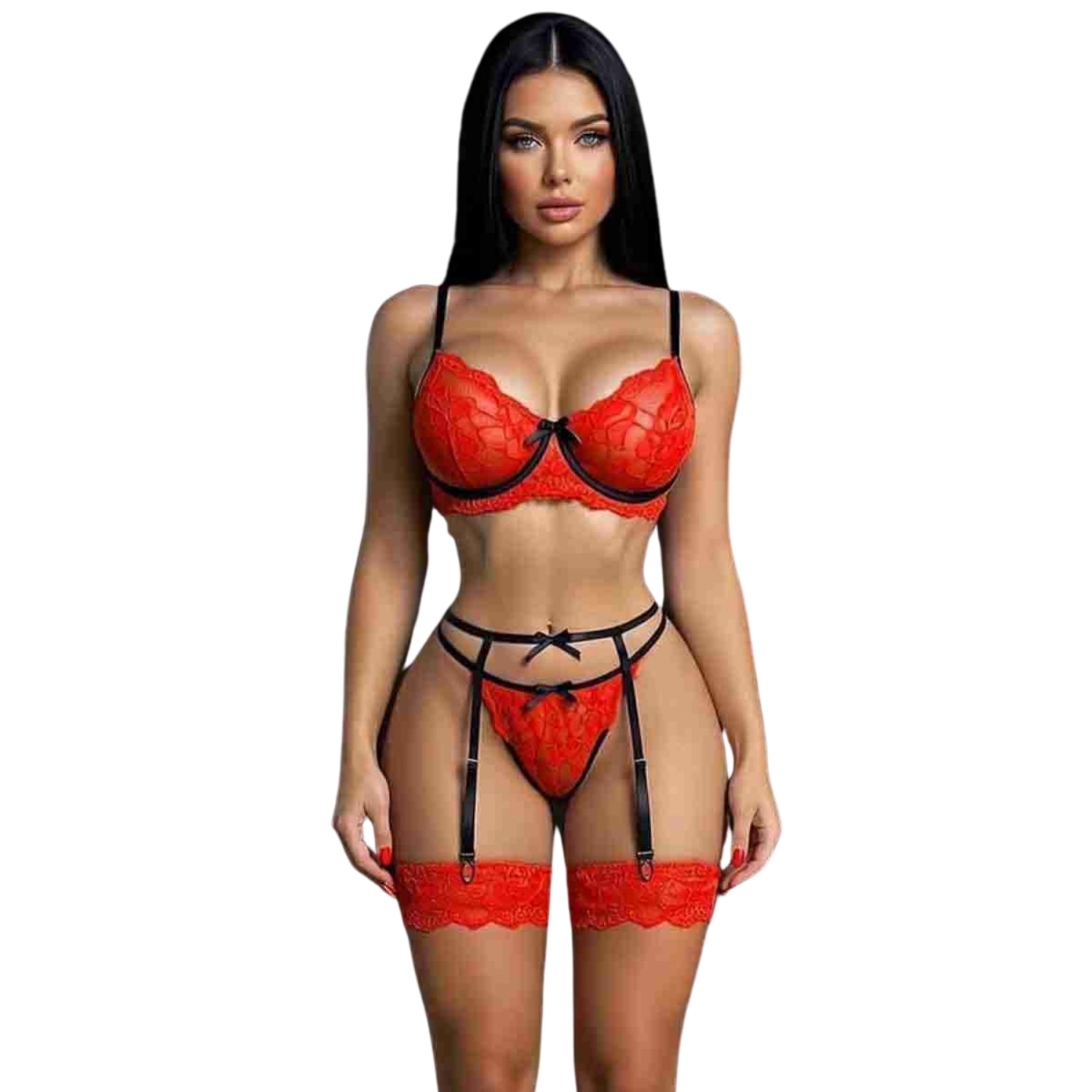 Sens Fantezi İç Giyim Dantel Desenli Seksi Jartiyer Set İç Çamaşırı Erotik Alt Üst Takım Kırmızı - 2672