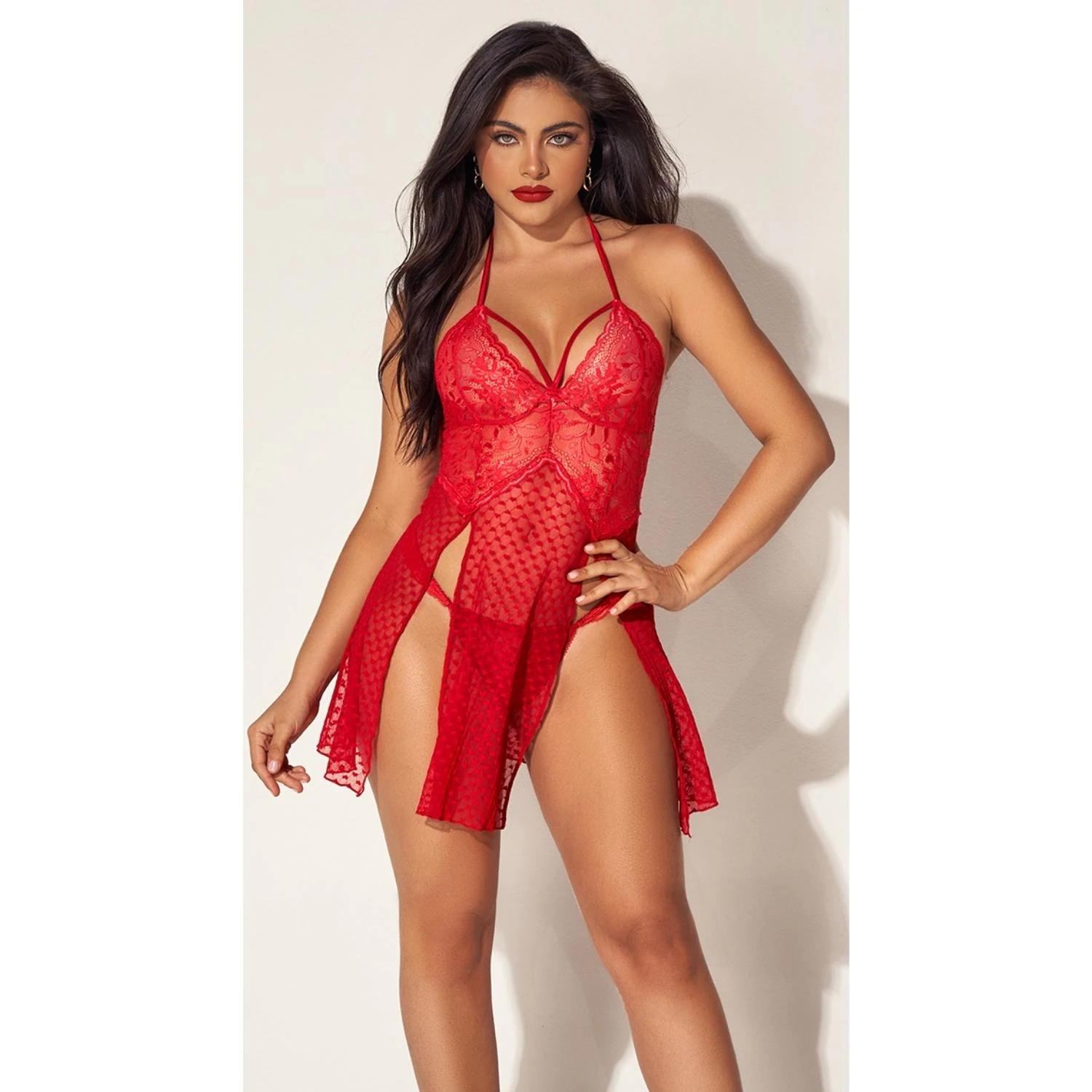 Sens Fantezi İç Giyim Kalp Desenli Seksi Yırtmaçlı Erotik Gecelik Kırmızı - 8604