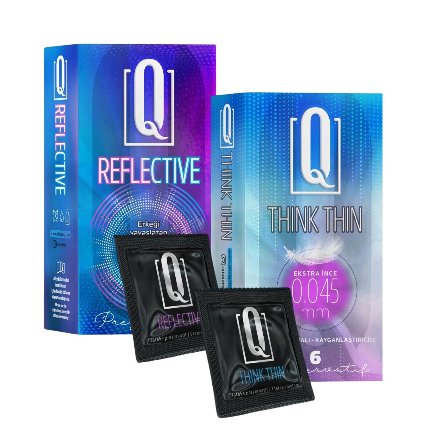 Q Think Thin + Reflective 2 Pcs Bundle Kondom 2&apos;li Paket Ekstra İnce ve Geciktiricili Prezervatif