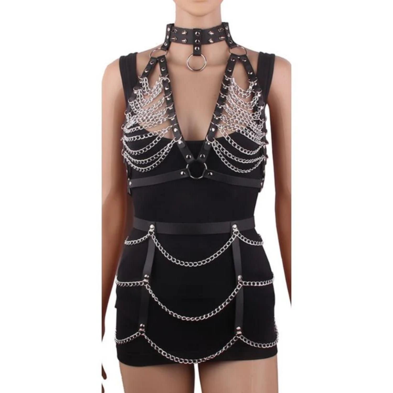 Sens Fantezi İç Giyim Zincirli Alt Üst Sütyen Erotik Takım Deri Fetiş Harness Set - J423