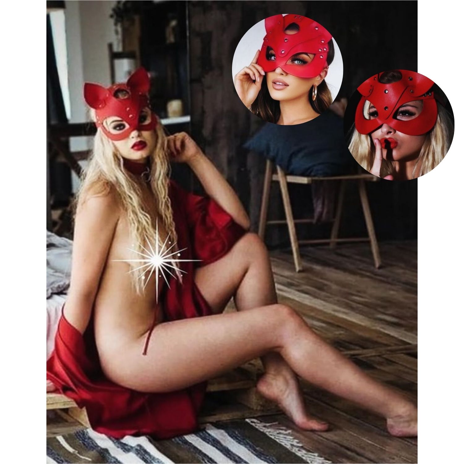 Sens Fantezi İç Giyim Maskeli Melek Kanatlı Kırmızı Alt Üst Erotik Takım Harness Set - J505