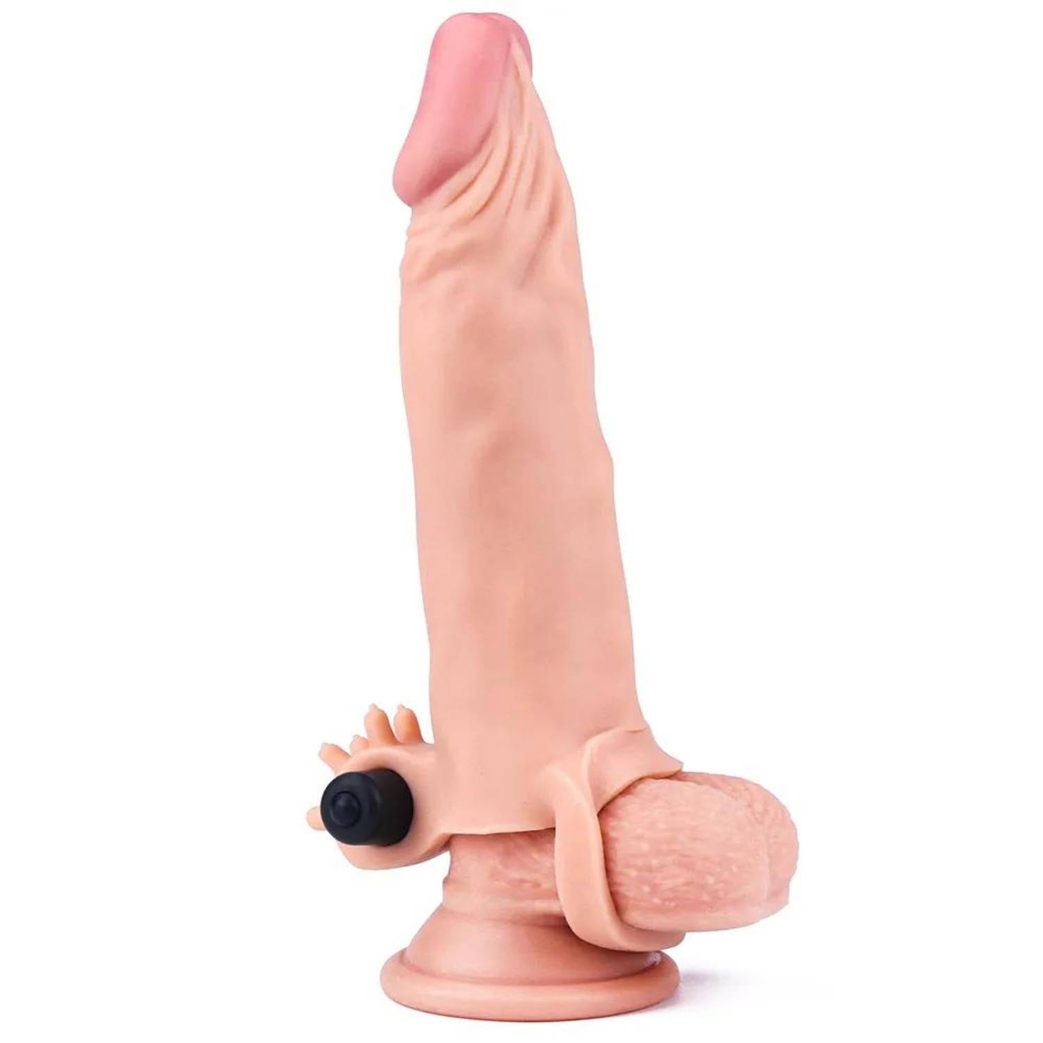 Gerçekçi Doku Penis Büyütücü Kalınlaştırıcı 5 CM Uzatmalı Klitoris Uyarıcı Titreşimli Realistik Penis Kılıfı 19 CM detay