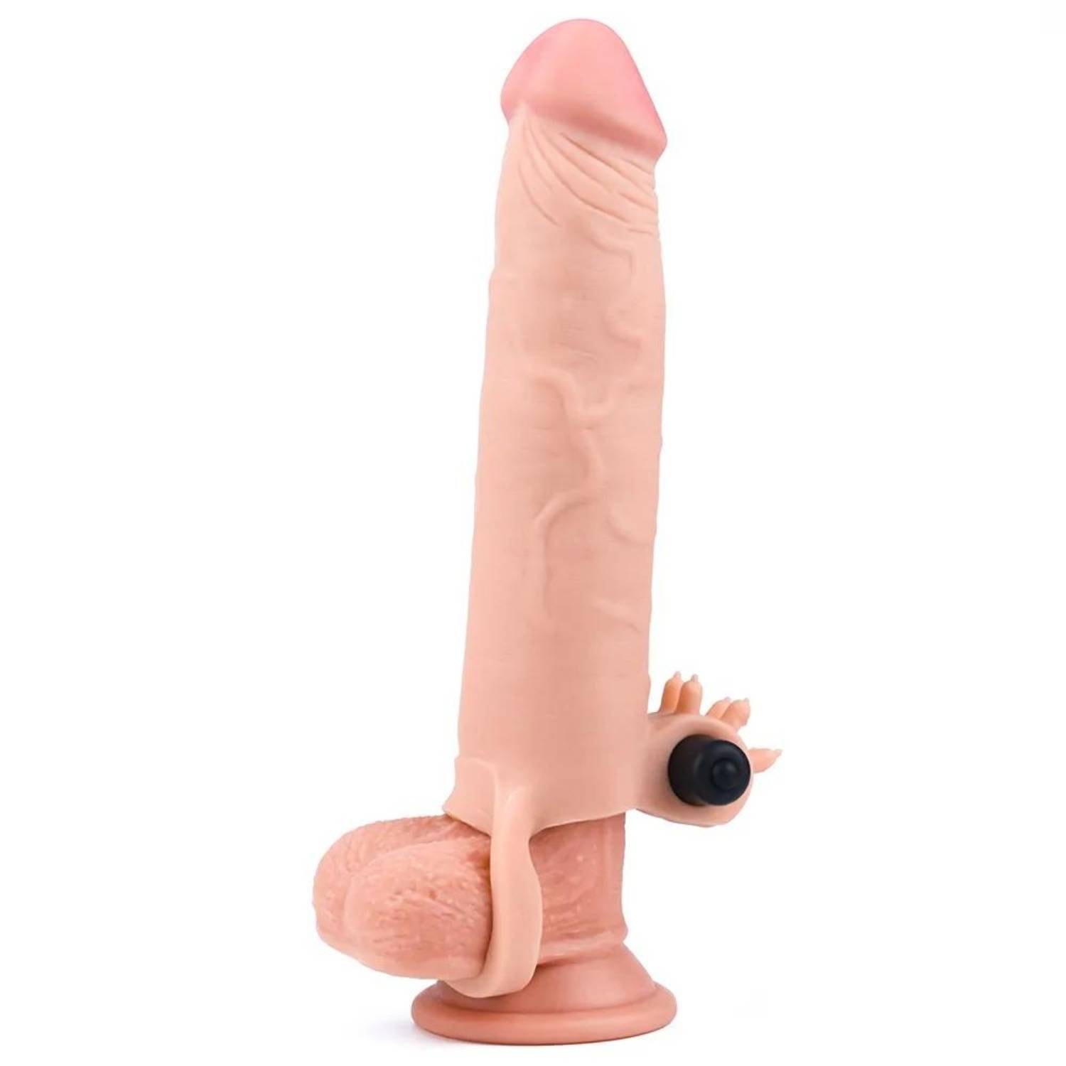 Gerçekçi Doku Penis Büyütücü Kalınlaştırıcı 7.5 CM Uzatmalı Klitoris Uyarıcı Titreşimli Realistik Penis Kılıfı 20 CM detay