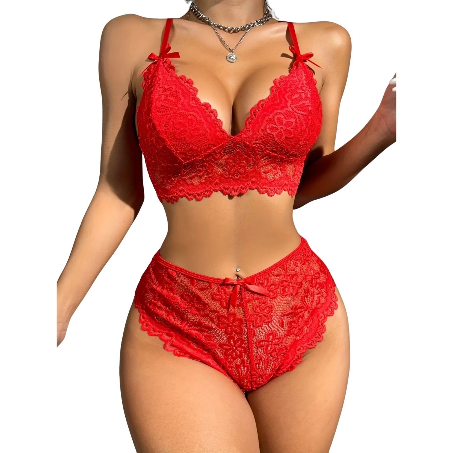 Sens Erotik Ateş Kırmızı Seksi Dantel ve Fiyonklu Arka Kısmı Kalp Şekilli Açık Fantazi Alt Üst Takım