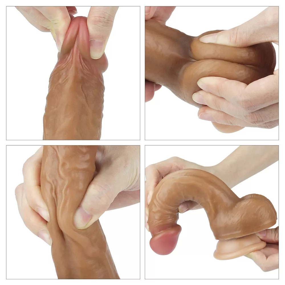 Çift Katmanlı Yumuşak Doku Eğik Realistik Dildo Silikon Kavisli Gerçekçi Yapay Penis 22x3.8 CM detay