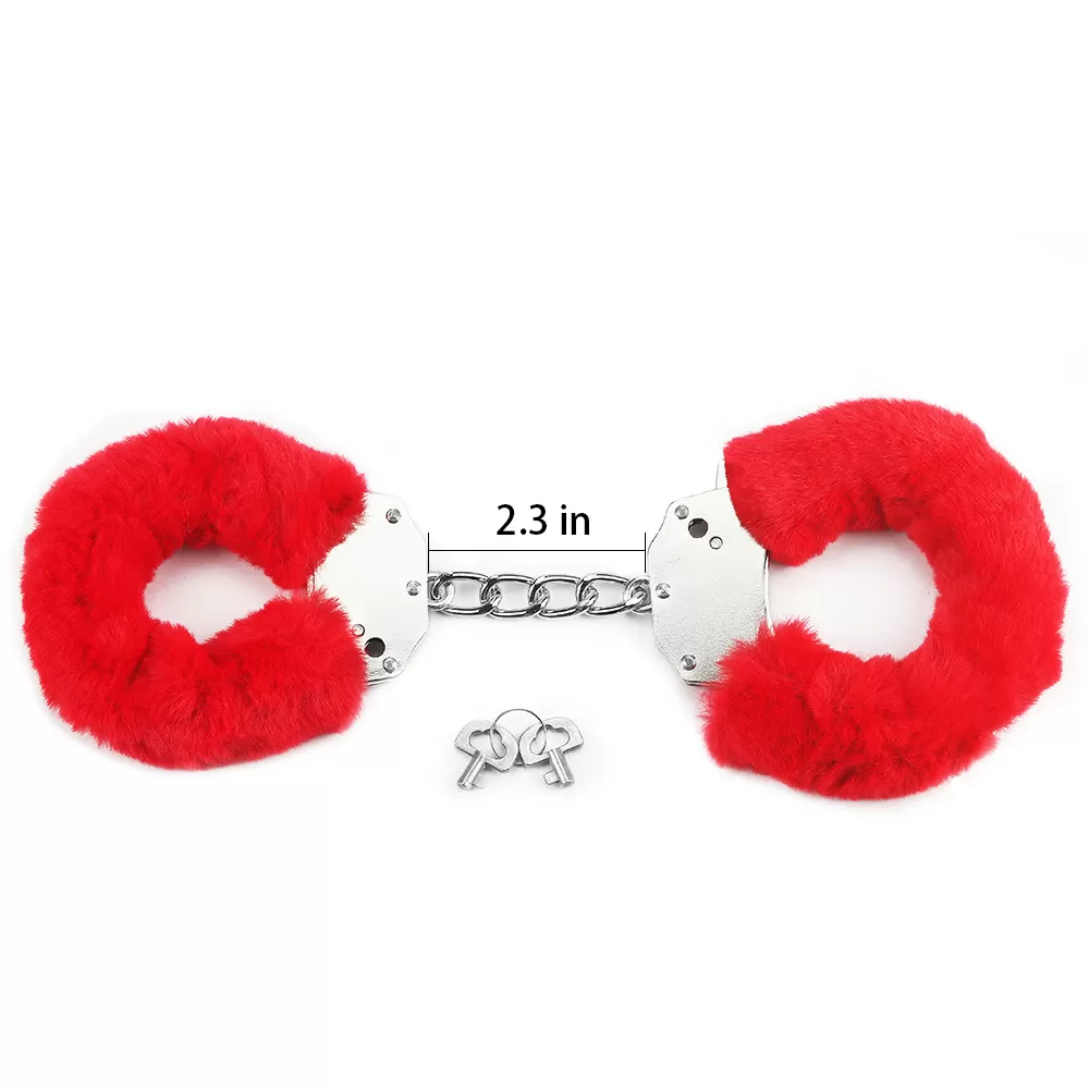 Profesyonel Polis Sınıfı Kırmızı Tüylü Fantezi Metal Kelepçe Double Lock Steel Police Edition Handcuffs detay
