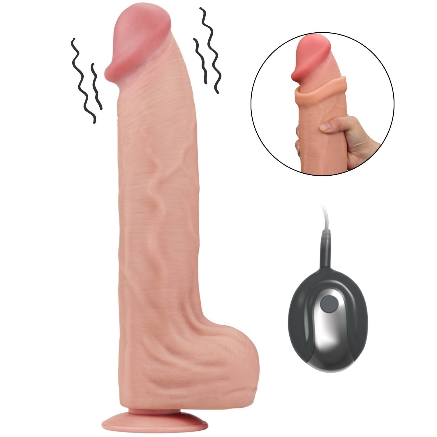 Wesley - Mega Boy Hareketli Kayar Deri Çift Katmanlı Realistik Vibratör Dildo Ultra Yumuşak Gerçekçi Titreşimli Yapay Penis