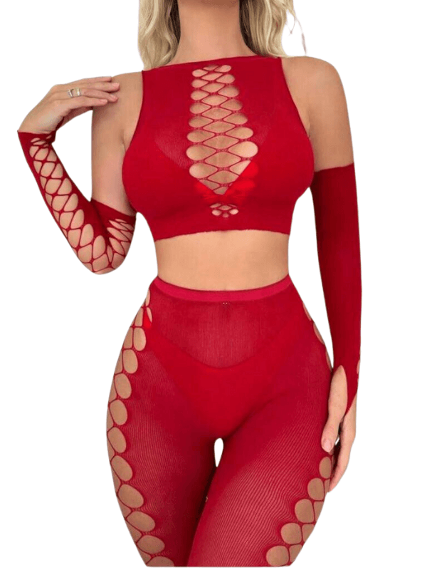 Klasik Seksi Kesim Kollu Örgü Alt Üst Erotik İç Çamaşır Takımı