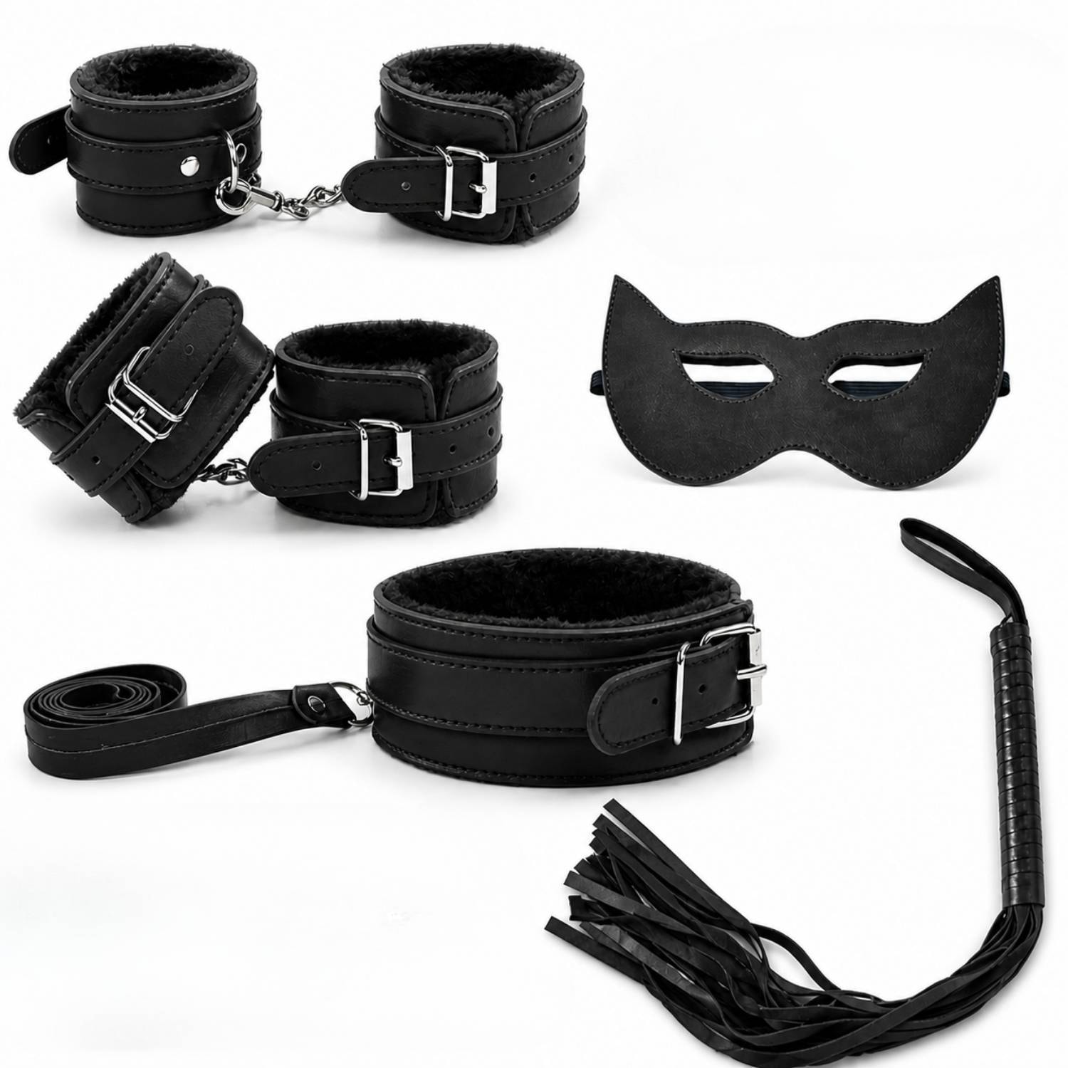 Fetish Beginner 5 Parça BDSM Set - El Ayak Tasma Maske Kırbaç Fantezi Takım - Siyah