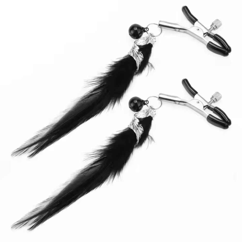 Siyah Kuş Tüylü Metal Tüy Charm Göğüs Uyarıcı Meme Ucu Klipsi Black Feather Nipple Clamps detay