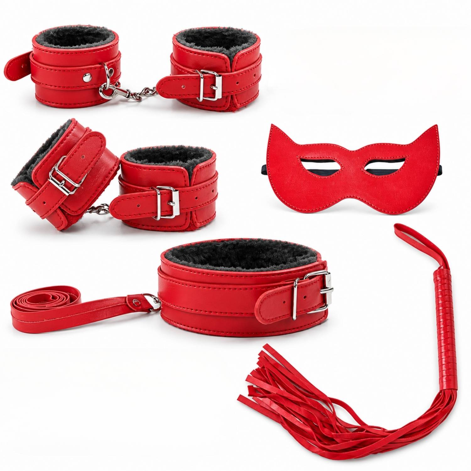 Fetish Beginner 5 Parça BDSM Set - El Ayak Tasma Maske Kırbaç Fantezi Takım - Kırmızı