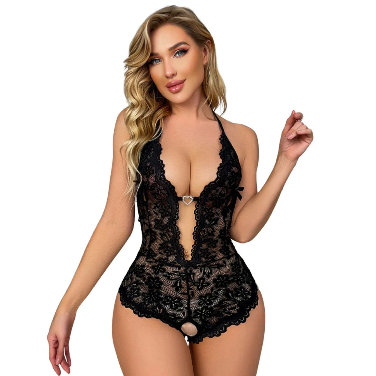 Sens Fantezi İç Giyim Özel Bölgesi Açık Bordo Metal Kalp Aksesuarlı Göğüs Dekolteli Bodysuit - 8459