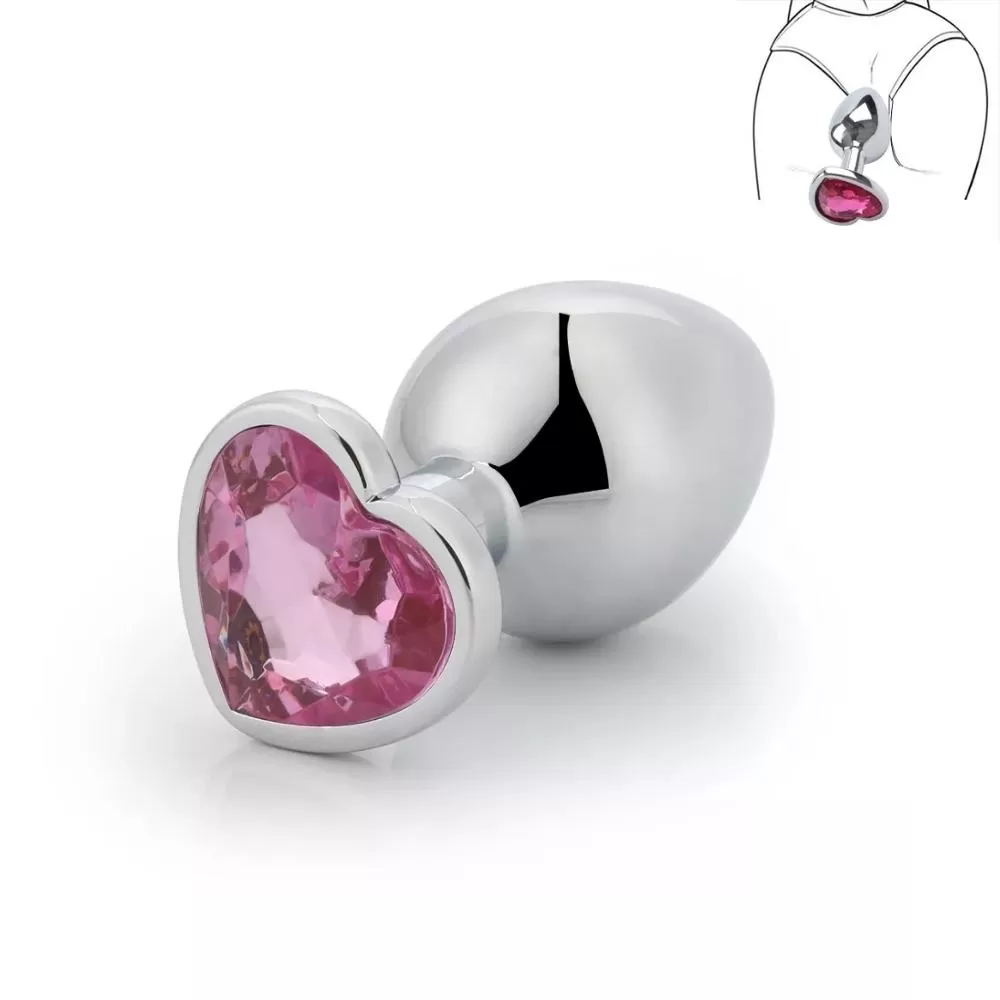 Paslanmaz Çelik Pembe Kalpli Mücevher Taşlı Pürüzsüz Silver Metal Anal Butt Plug - Büyük Boy detay