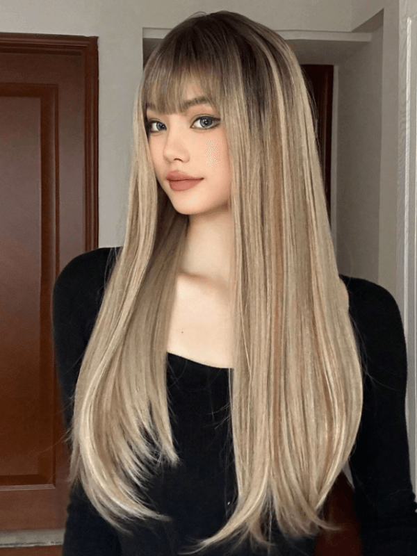 Isıya Dayanıklı Doğal Görünümlü Düz Ombre Platin Sarı Cosplay Uzun Peruk Saç