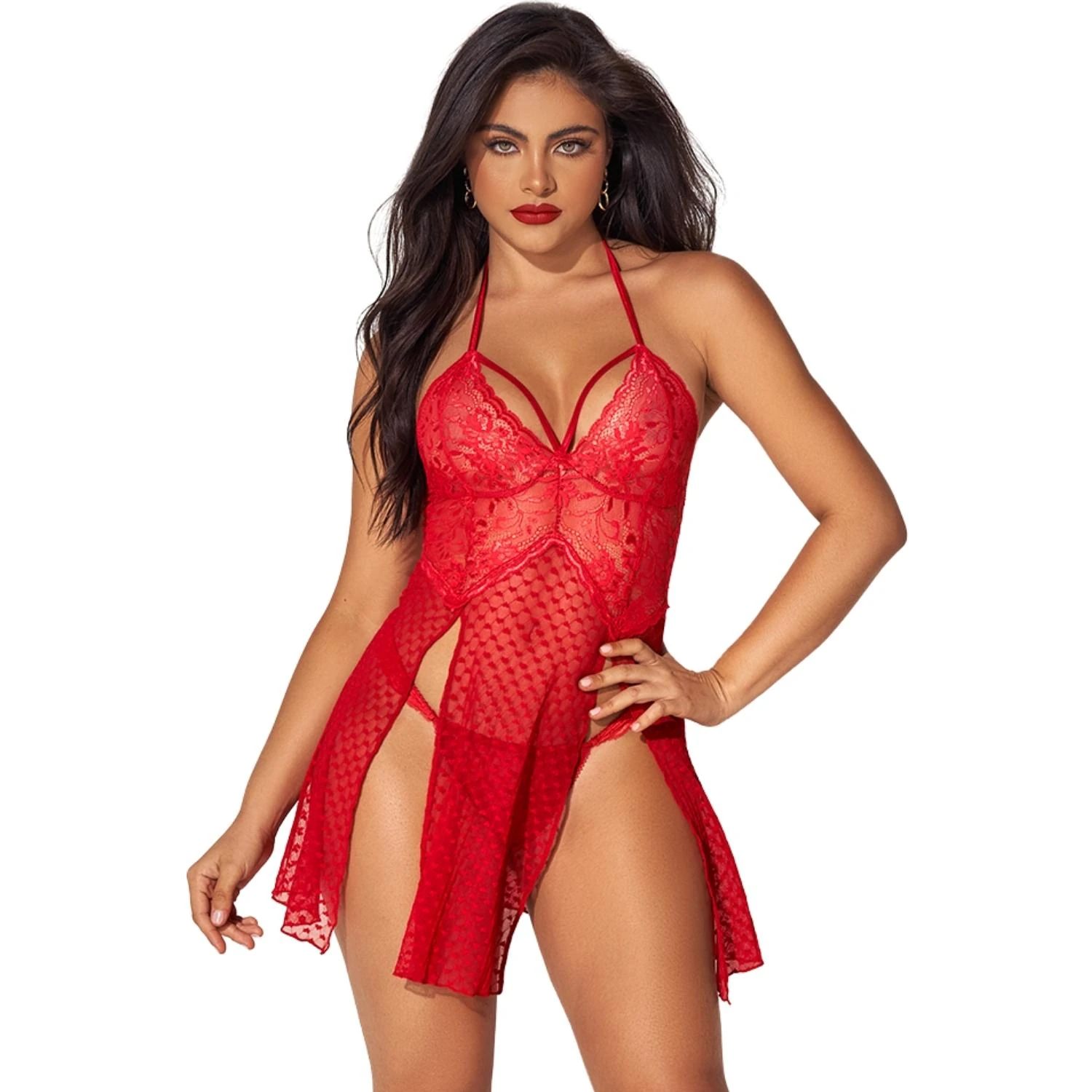 Sens Fantezi İç Giyim Kalp Desenli Seksi Yırtmaçlı Erotik Gecelik Kırmızı - 8604