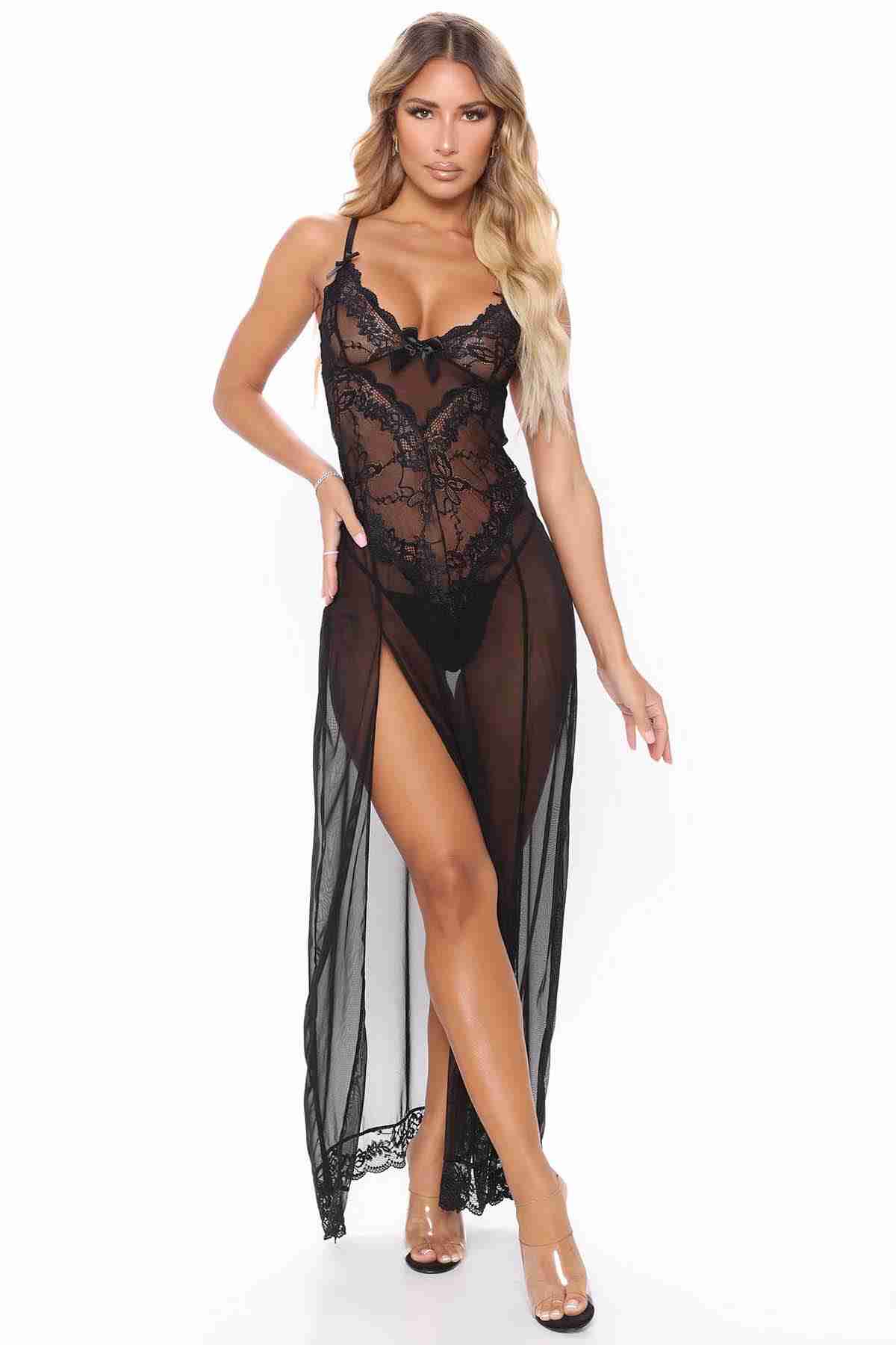 Dantelli Yırtmaçlı Uzun Gecelik Seksi İç Giyim Siyah - 2602 detay