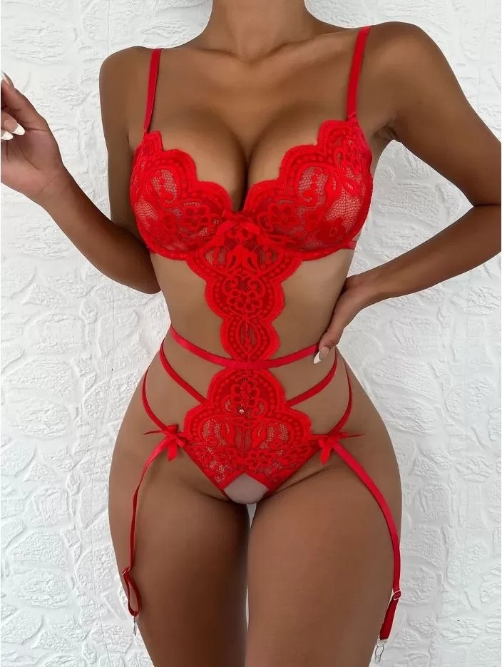 Seksi Body Kan Kırmızı Özel Bölgesi Açık Erotik Bodysuit Askılı Elbise