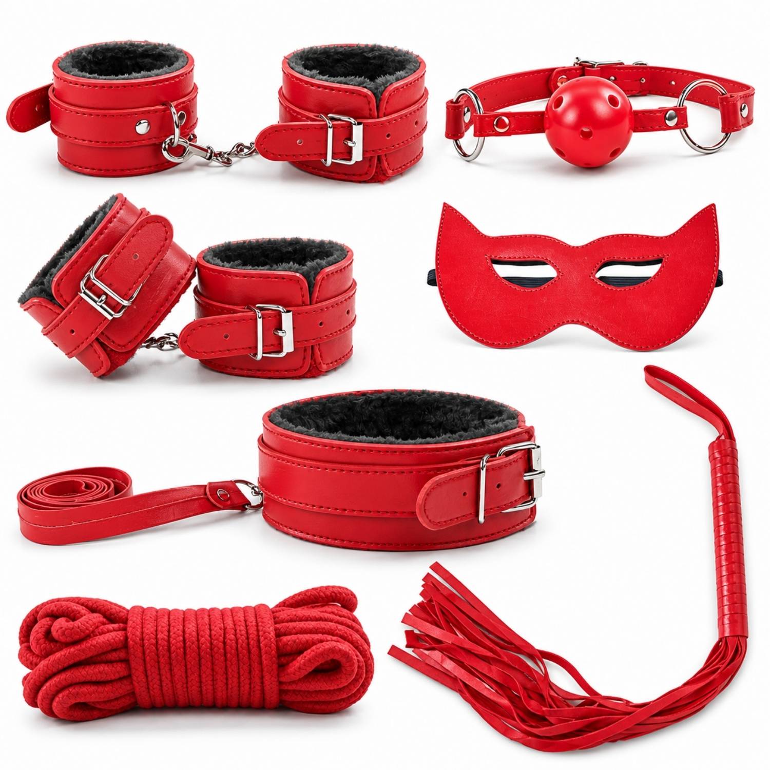 Fetish Beginner 7 Parça BDSM Set - El Ayak Tasma Bağlama İpi Ağız Topu Maske Kırbaç Fantezi Takım - Kırmızı