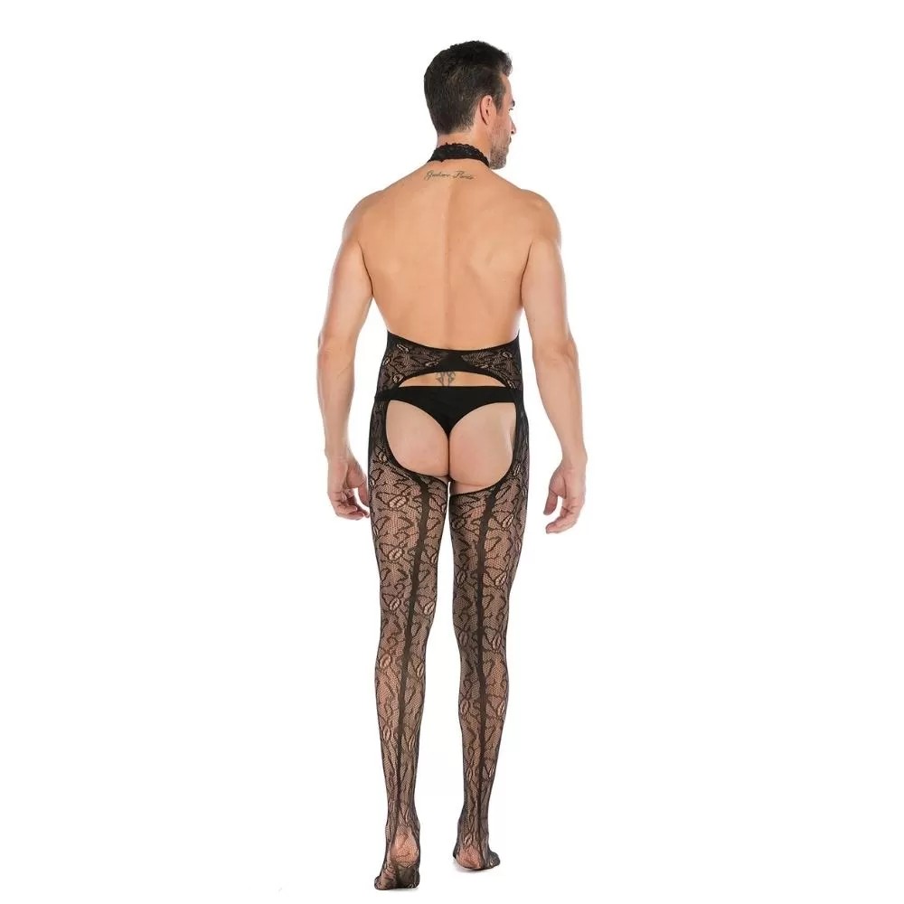 Seksi Askılı Sırtı ve Ağı Açık Desenli Erotic Bodystocking Crossdresser Erkek Vücut Çorabı