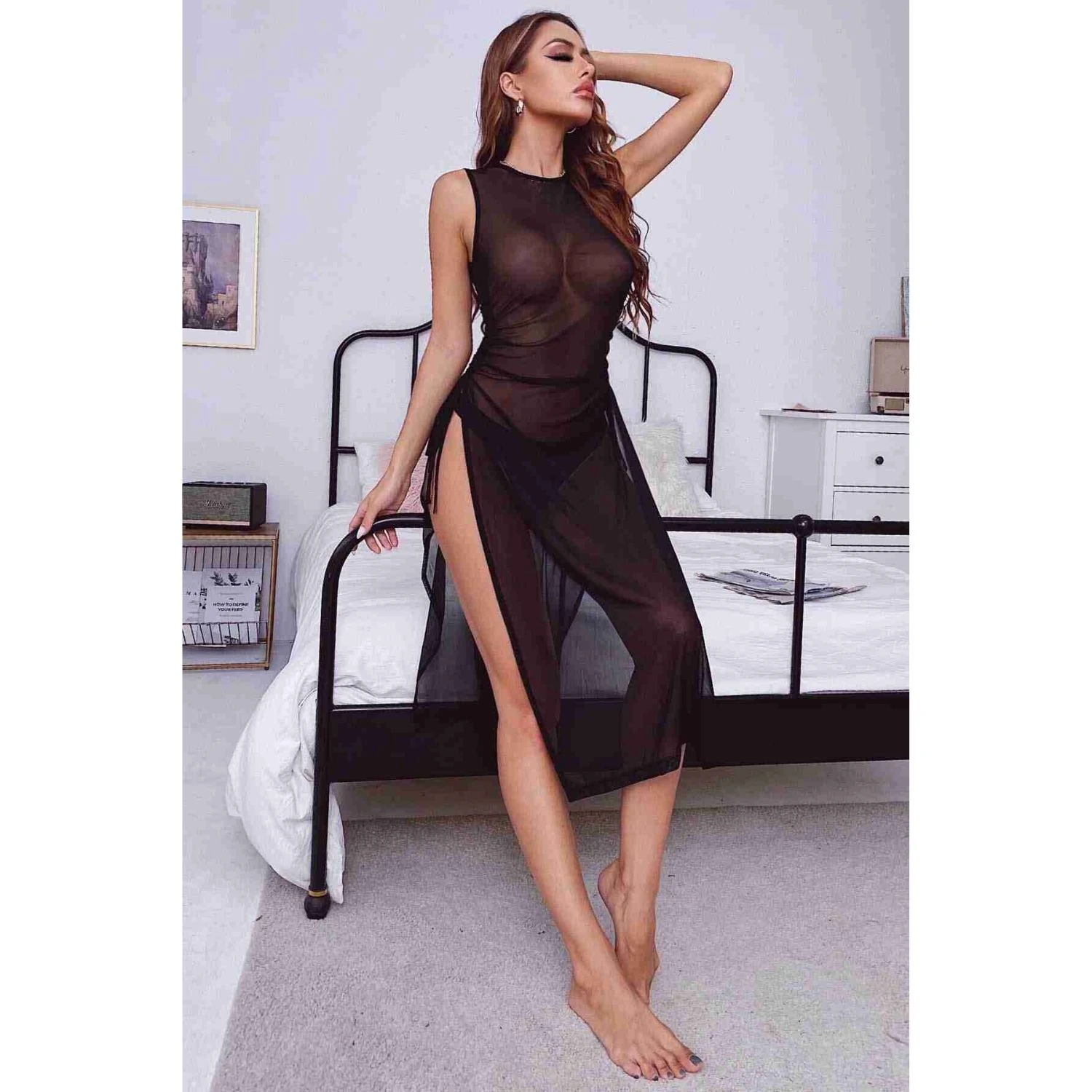 Sens Fantezi İç Giyim Transparan Yan Yırtmaçlı Uzun Seksi Abiye Erotik Gecelik Siyah - 2206