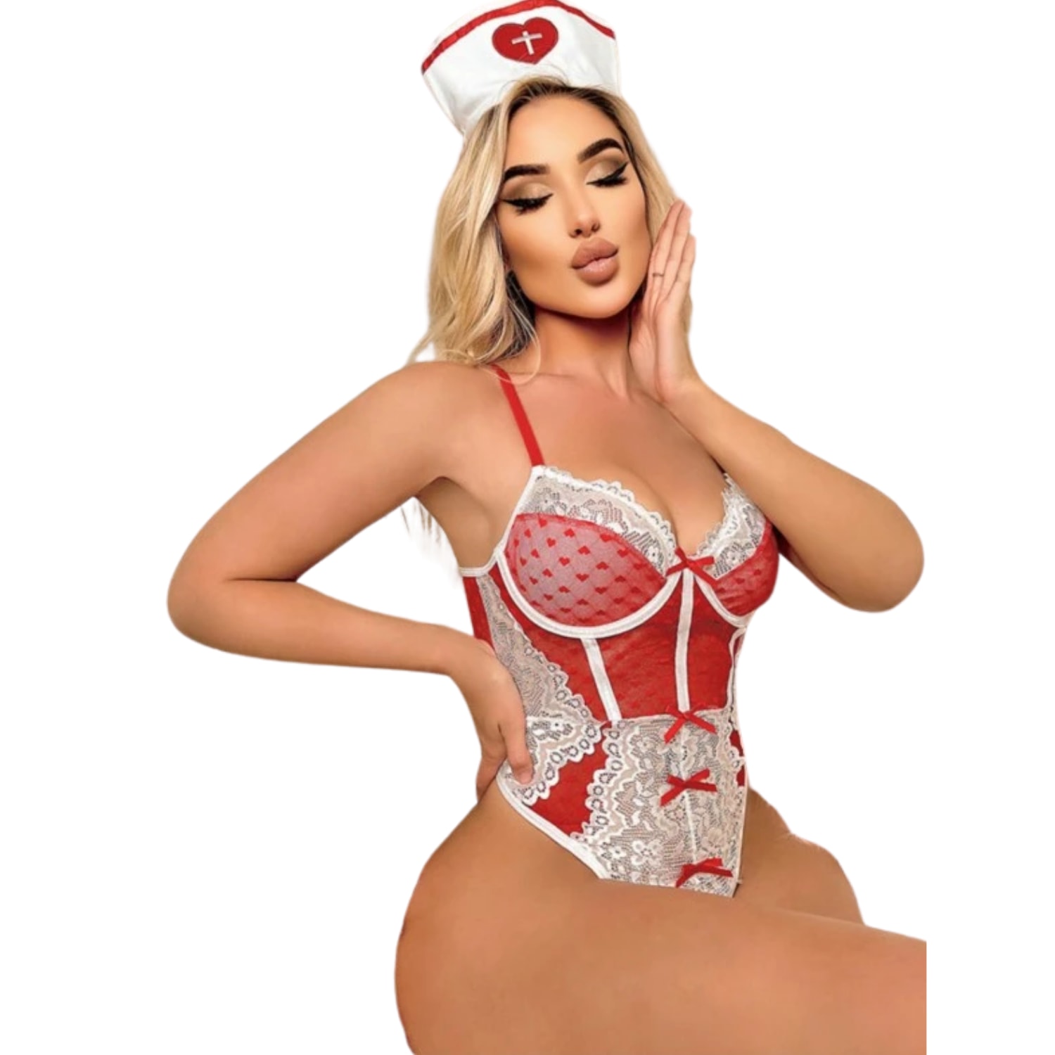 Sens Seksi Kırmızı-Beyaz Dantelli Şık ve Rahat Tasarımlı Erotik Hemşire Kostümlü Babydoll detay