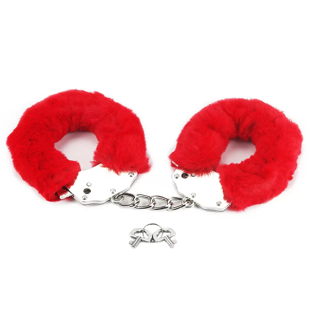 Profesyonel Polis Sınıfı Kırmızı Tüylü Fantezi Metal Kelepçe Double Lock Steel Police Edition Handcuffs