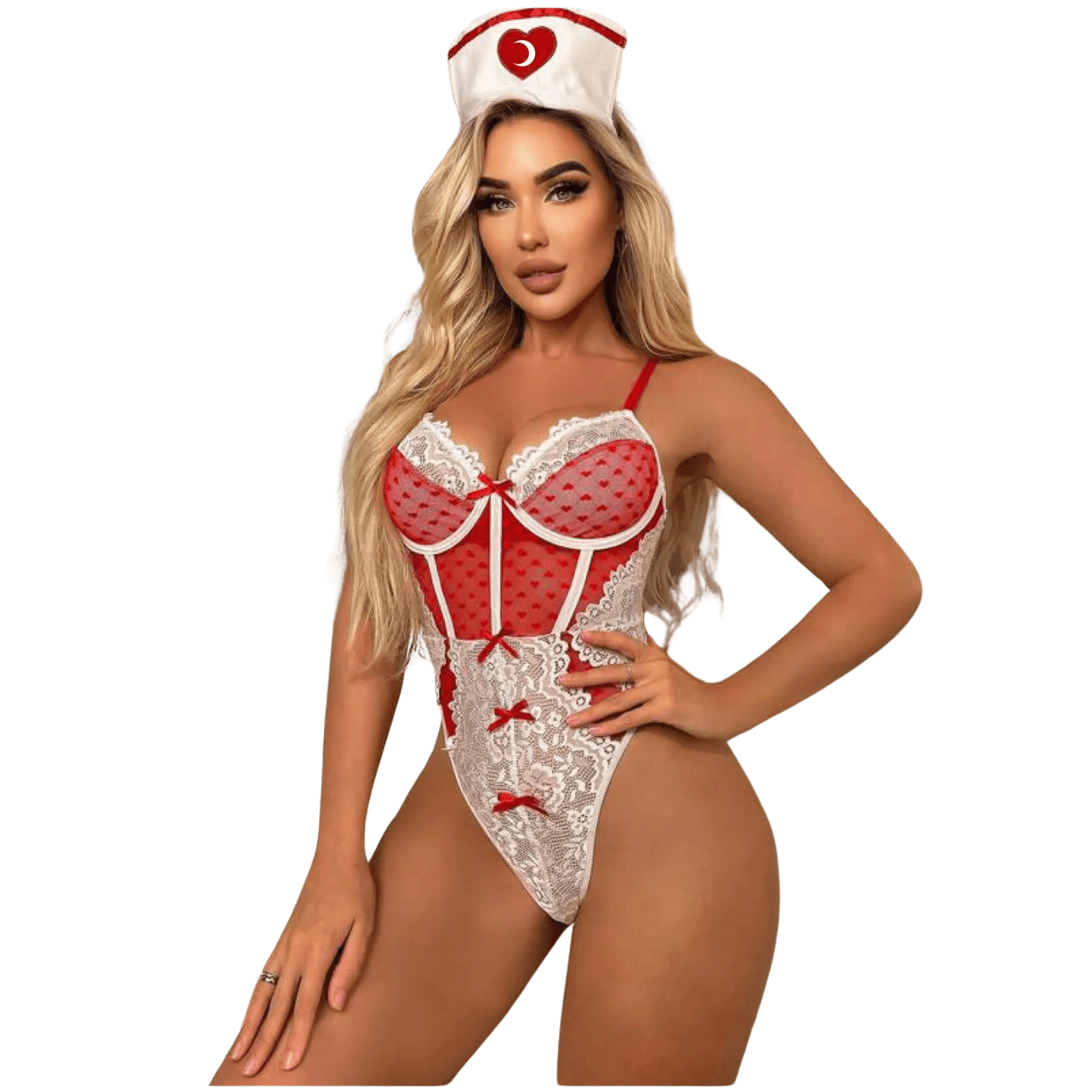 Sens Seksi Kırmızı-Beyaz Dantelli Şık ve Rahat Tasarımlı Erotik Hemşire Kostümlü Babydoll