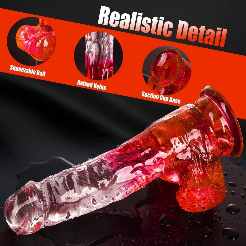 MYST COLOR Dildo Realistik Jel Dokuda Vantuzlu Ultra Yumuşak Şeffaf Kırmızı Yapay Penis detay