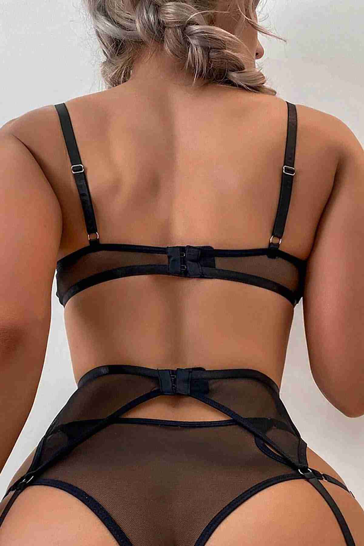 Fantezi Jartiyer Takım Seksi Sütyen Külot Siyah - 2663 detay
