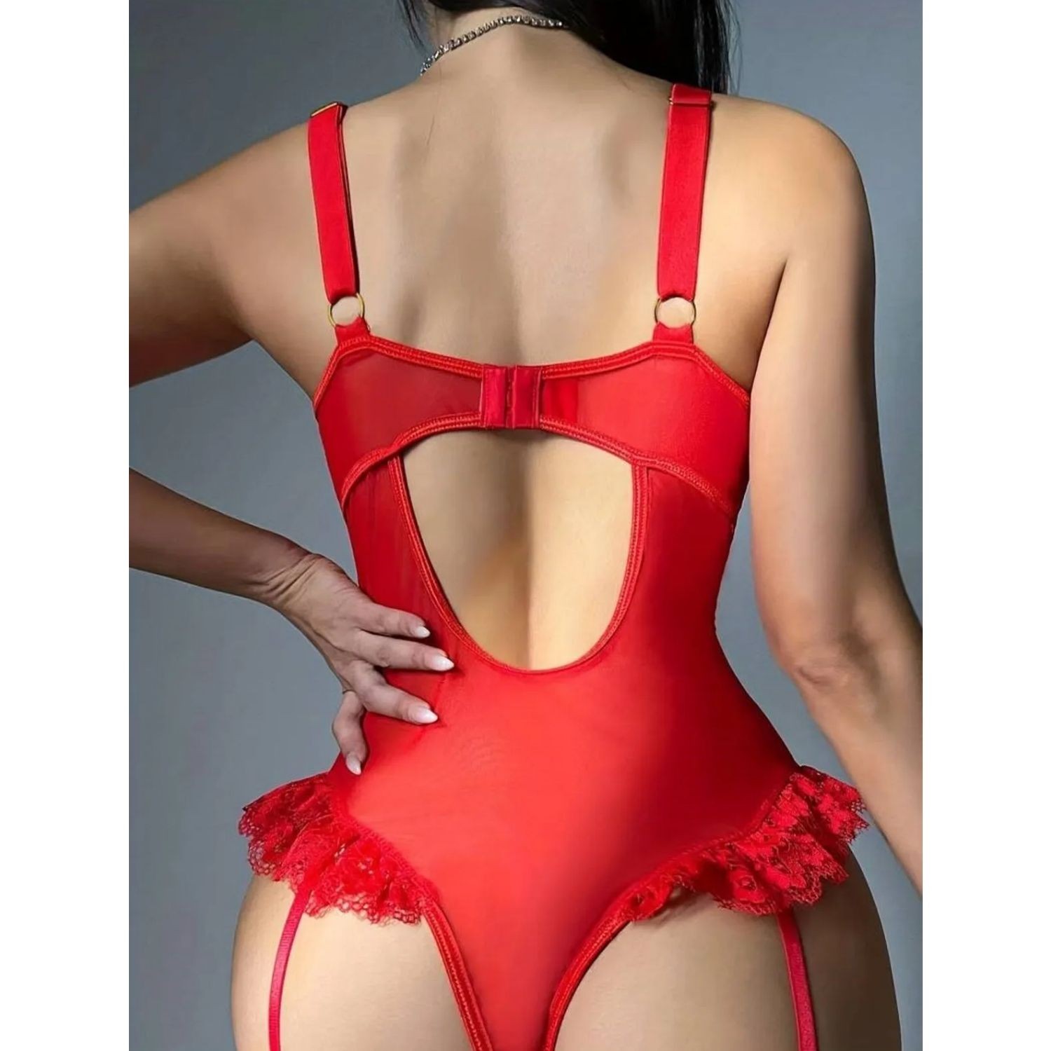 Sens Fantezi Kırmızı Dantel&amp;amp;Transparan Görünümlü Belden Fırfırlı Erotik Jartiyerli Şık Tasarımlı Bodysuit