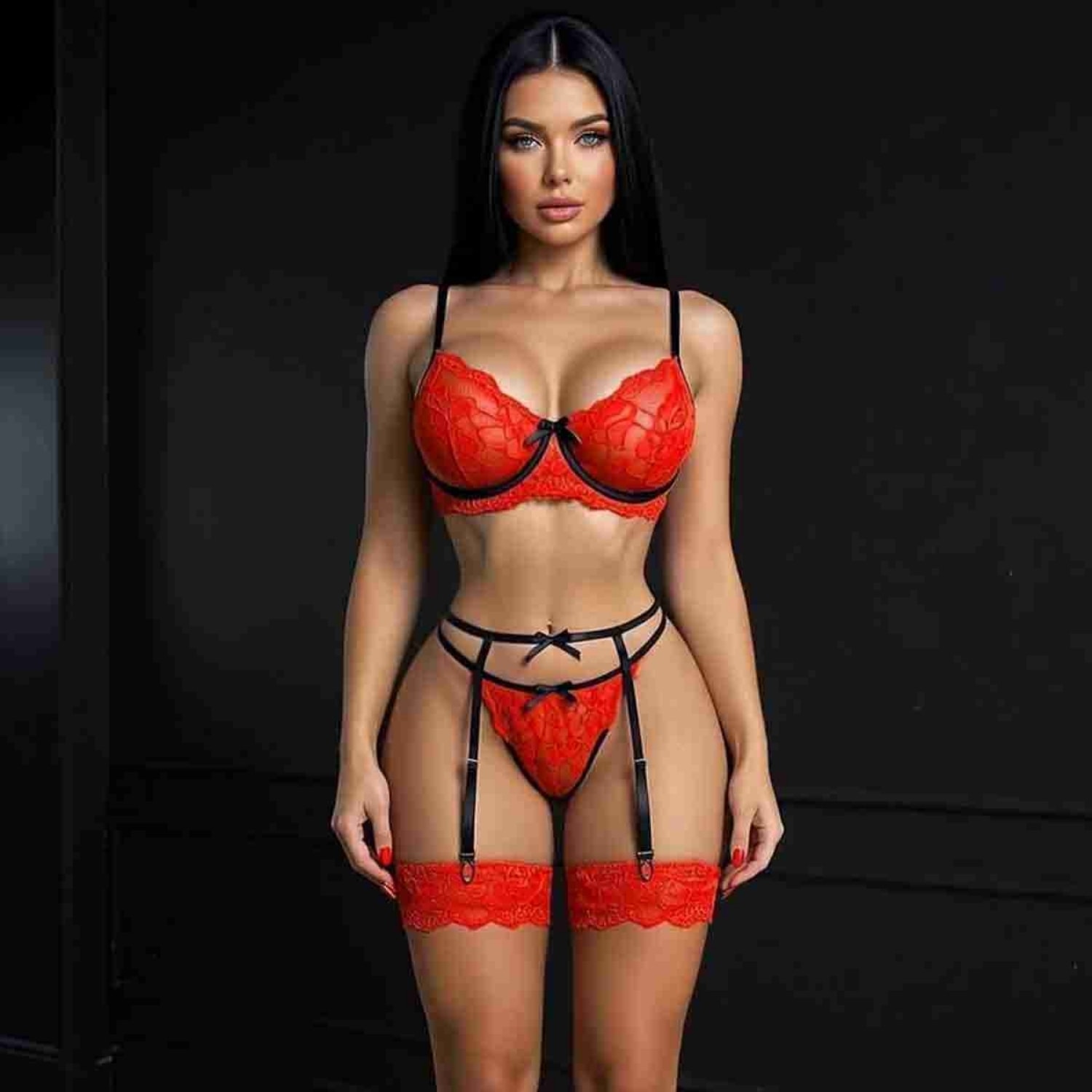 Sens Fantezi İç Giyim Dantel Desenli Seksi Jartiyer Set İç Çamaşırı Erotik Alt Üst Takım Kırmızı - 2672 detay
