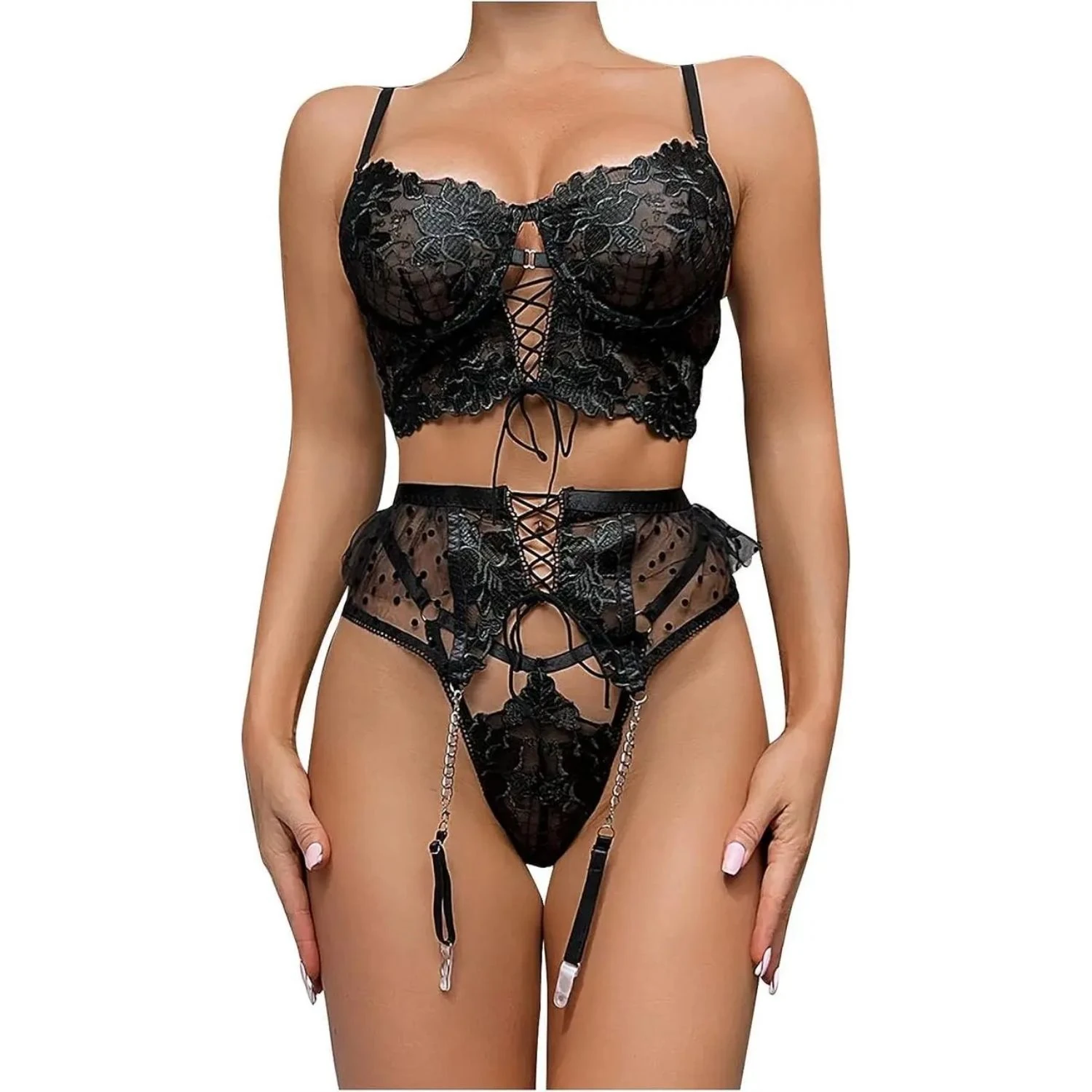 Sens Fantezi İç Giyim Balenli Sütyen Külot Erotik Takım Seksi Jartiyer Set Siyah - 8451