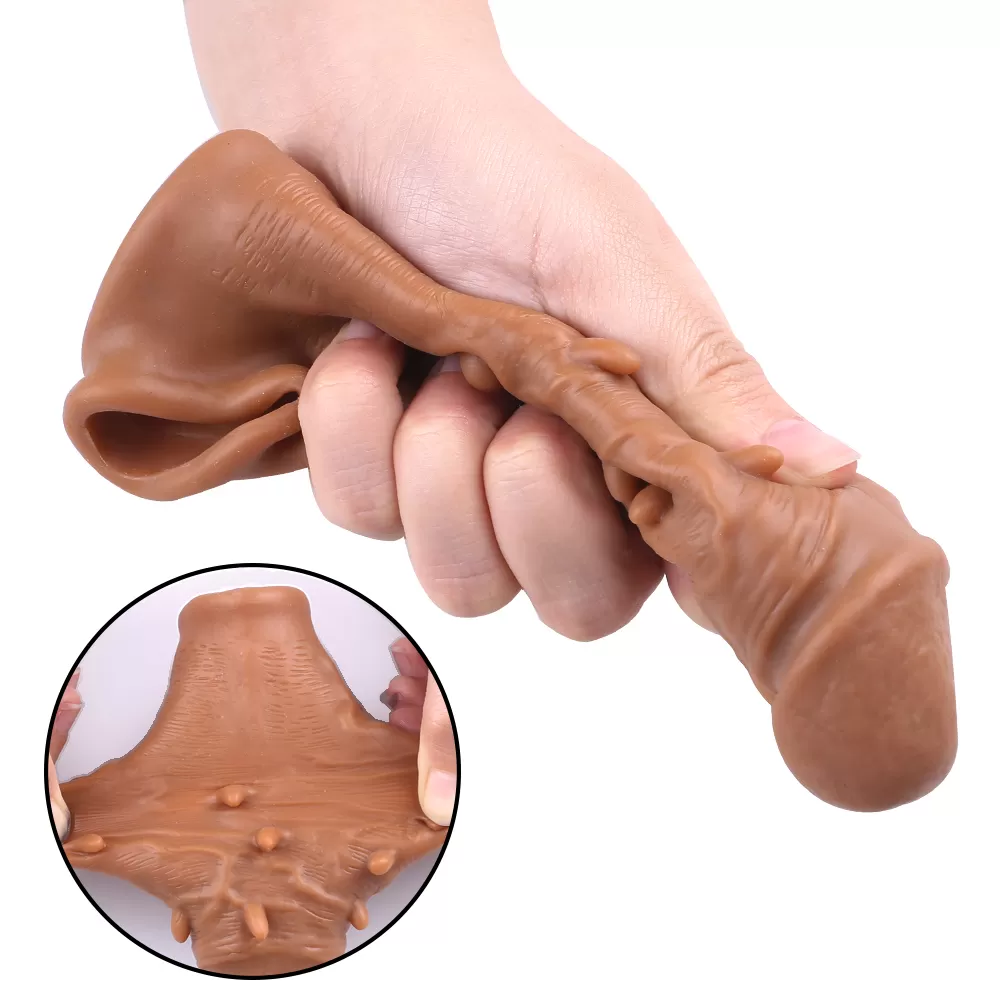 LUFI Gerçekçi Et Dokusunda Testis Aparatlı 5 CM Uzatmalı Silikon Tırtıklı Penis Kılıfı detay