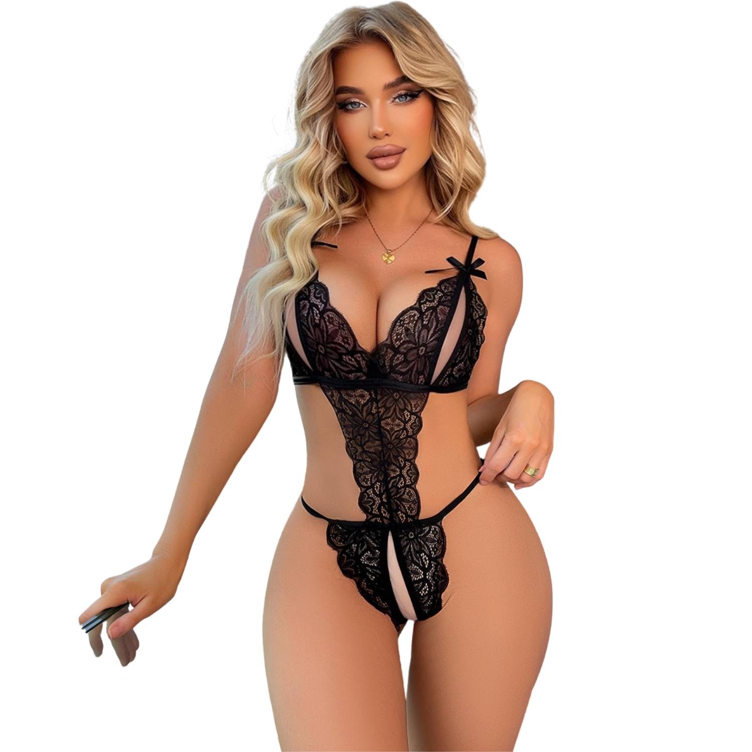 Fantezi İç Giyim Seksi İç Çamaşırı Dantel Fiyonklu İp Detaylı Bodysuit Erotik Gecelik Siyah - 8457