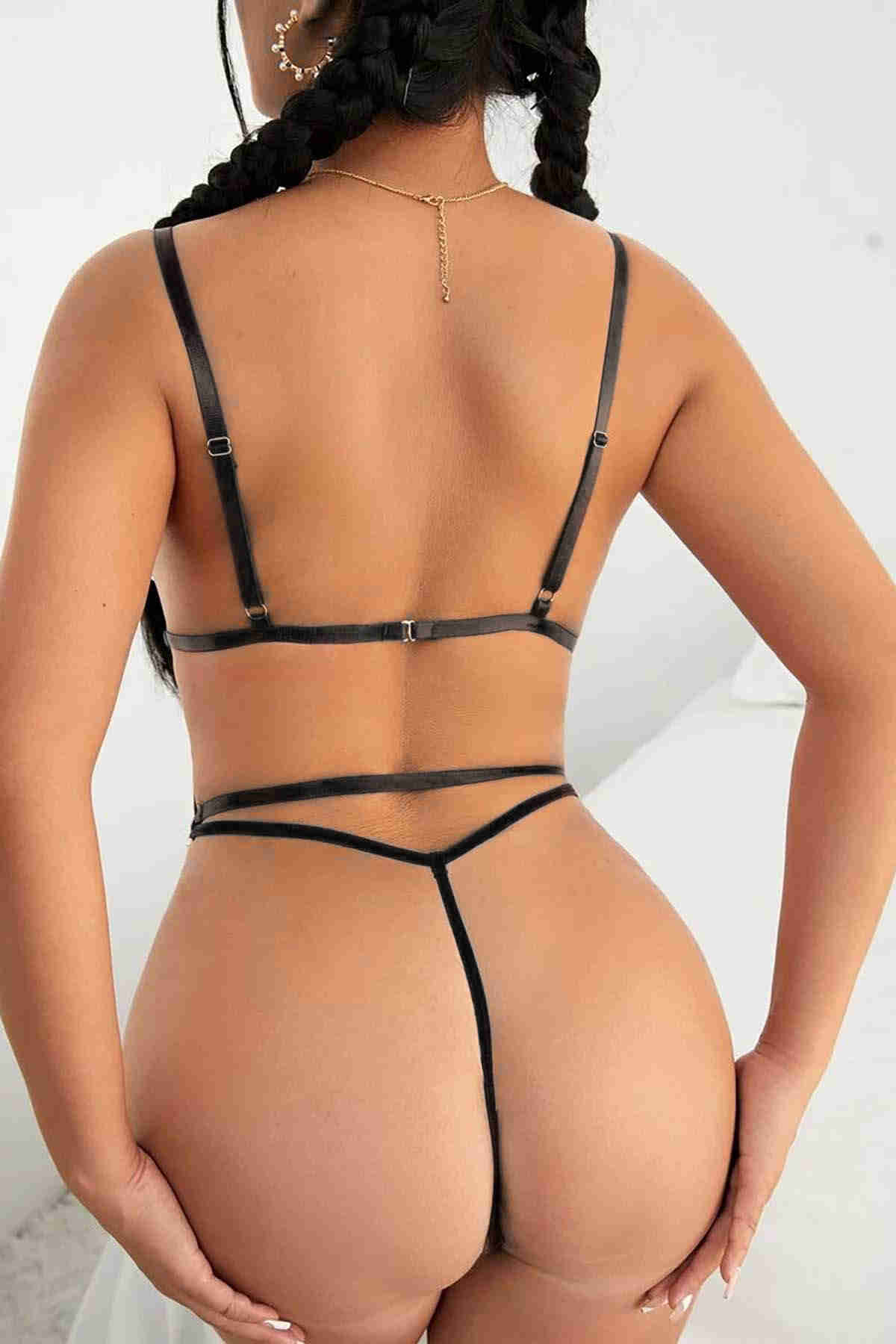 Seksi Dantel Fantezi İç Giyim Bodysuit Siyah detay