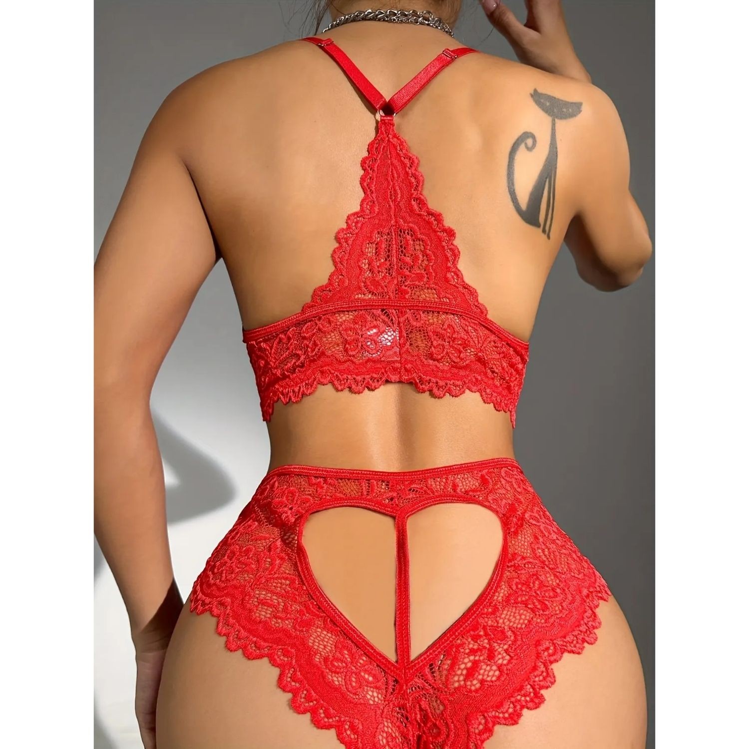 Sens Erotik Ateş Kırmızı Seksi Dantel ve Fiyonklu Arka Kısmı Kalp Şekilli Açık Fantazi Alt Üst Takım