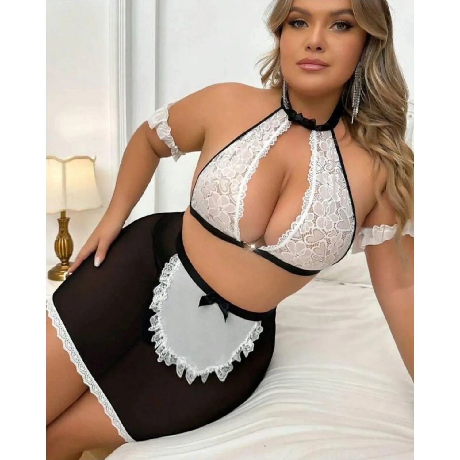 Sens Fantezi Halka ve Dantelli Seksi Görünümlü Büyük Beden için Uyumlu Erotik Hizmetçi Kostümü Babydoll Gecelik