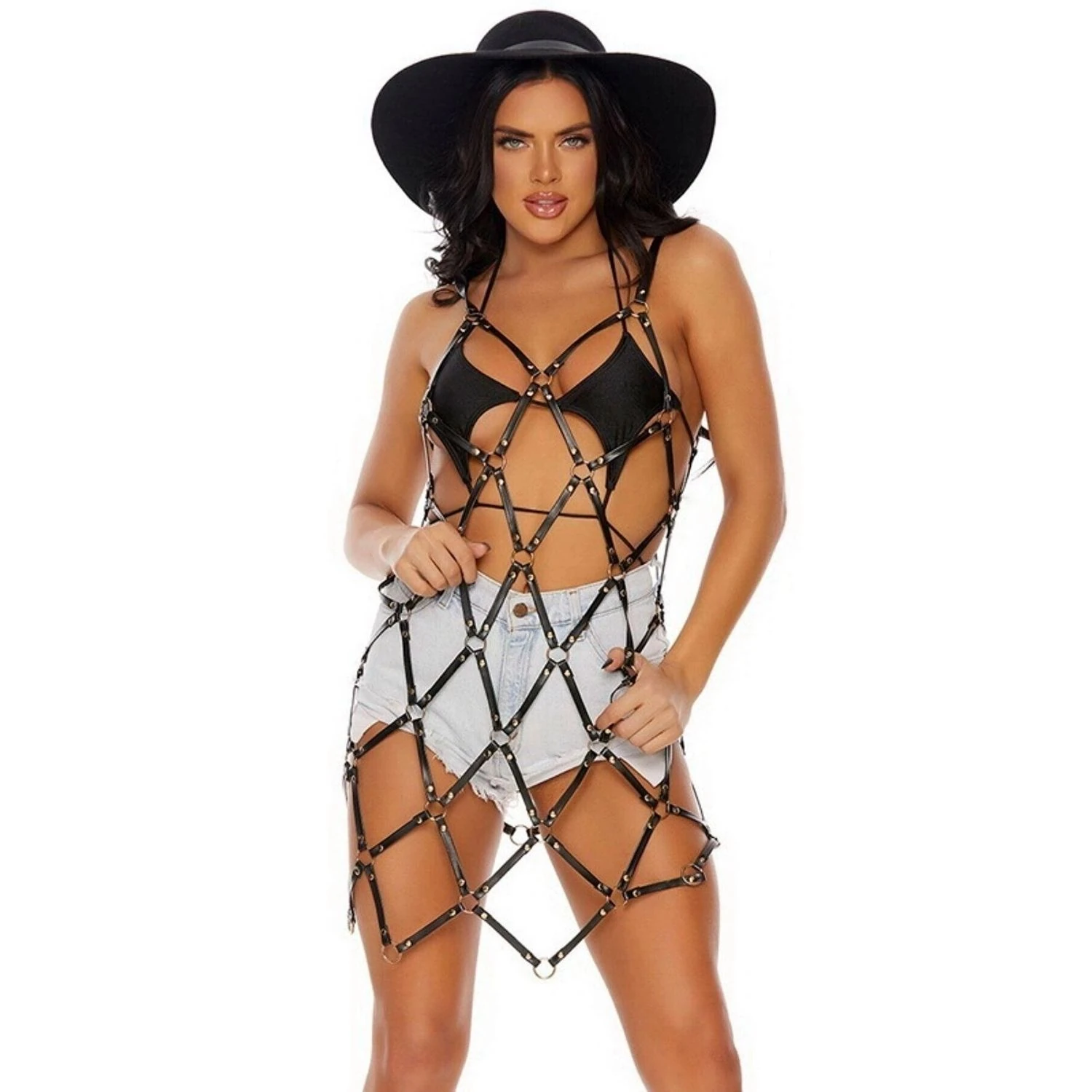 Sens Fantezi İç Giyim Kafes Tasarımlı Askılı Erotik Mini Elbise Seksi Harness Set - J514