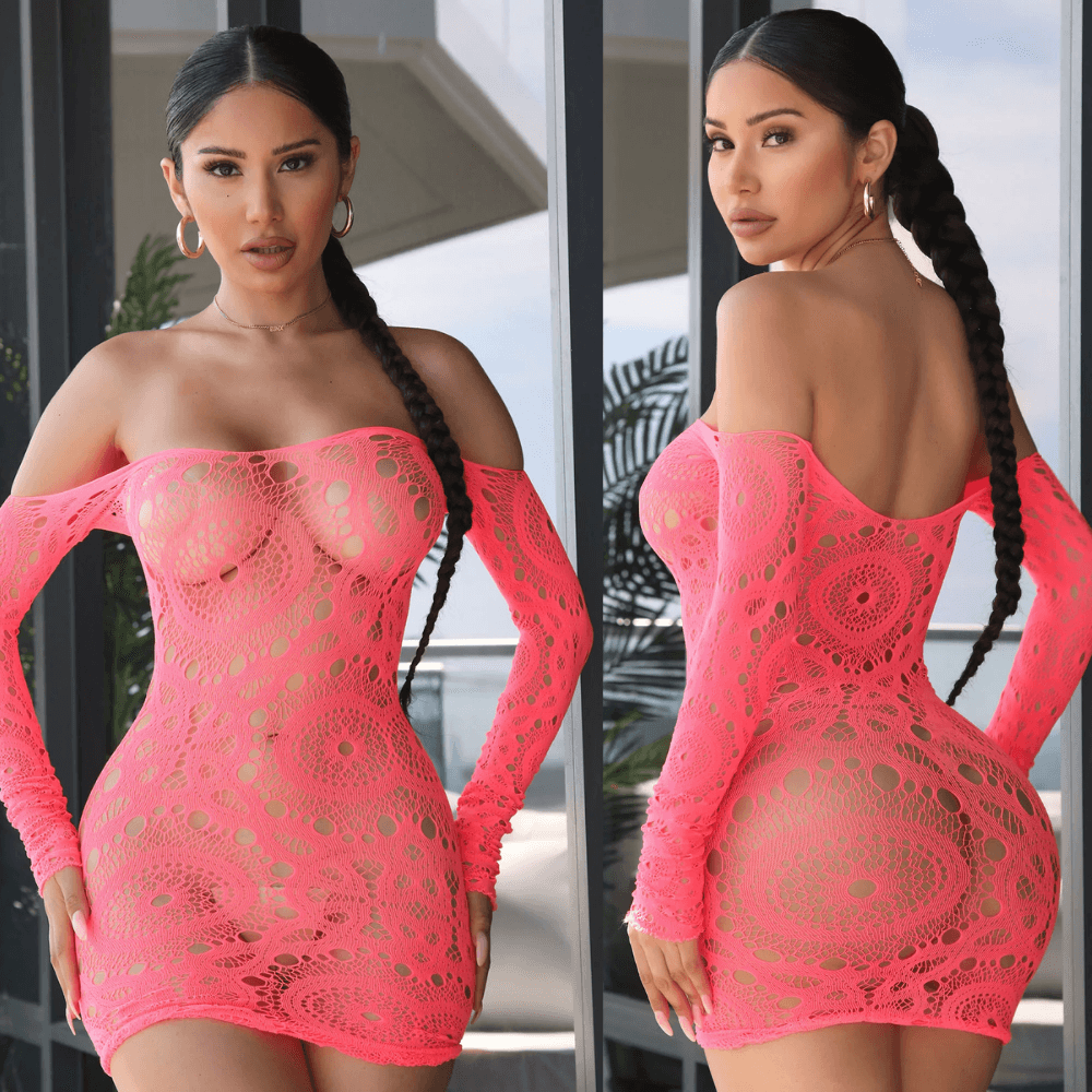 Ateş Kırmızı Uzun Kollu Erotik Dantel ve File Fantezi İç Giyim Seksi Mini Elbise