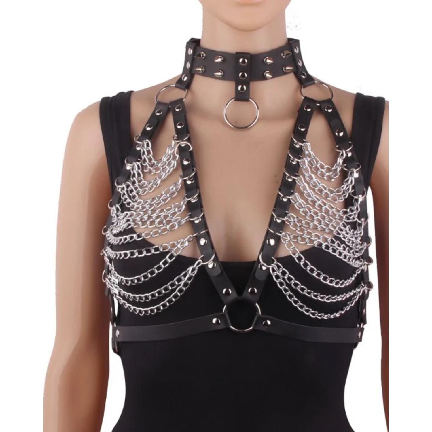 Sens Fantezi İç Giyim Zincirli Alt Üst Sütyen Erotik Takım Deri Fetiş Harness Set - J423