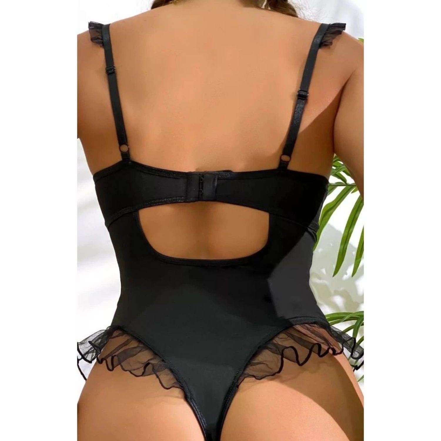 Sens Fantezi Kadın İç Giyim İp ve Tül Detaylı Sırt Dekolteli Gecelik Seksi Bodysuit Siyah - 8417