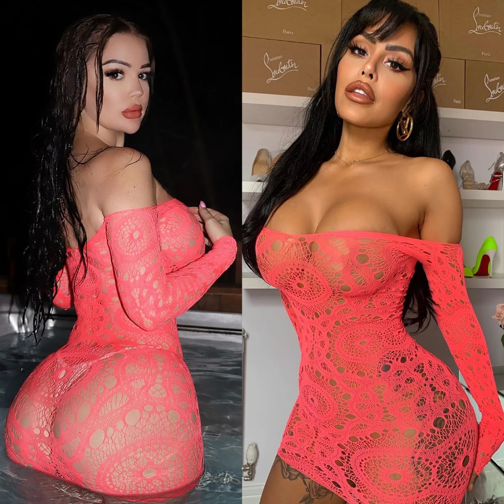 Ateş Kırmızı Uzun Kollu Erotik Dantel ve File Fantezi İç Giyim Seksi Mini Elbise detay