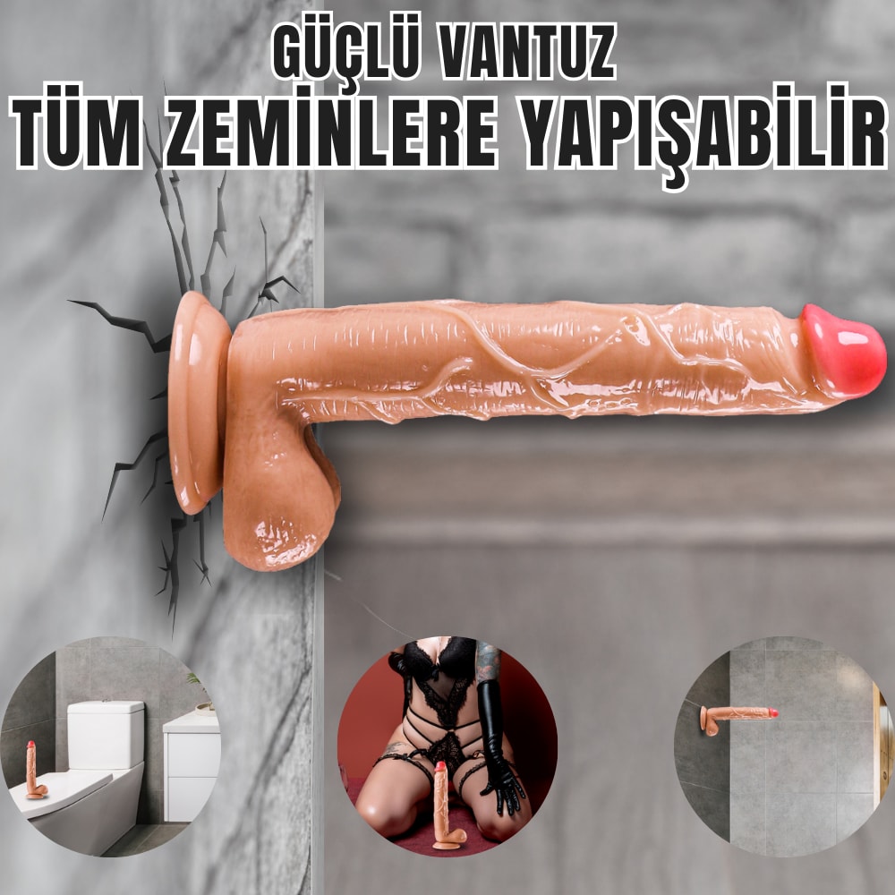 Güçlü Vantuzlu Damarlı Kalın Realistik Dildo Büyük Boy Gerçekçi Yapay Penis 27x4.5 CM detay