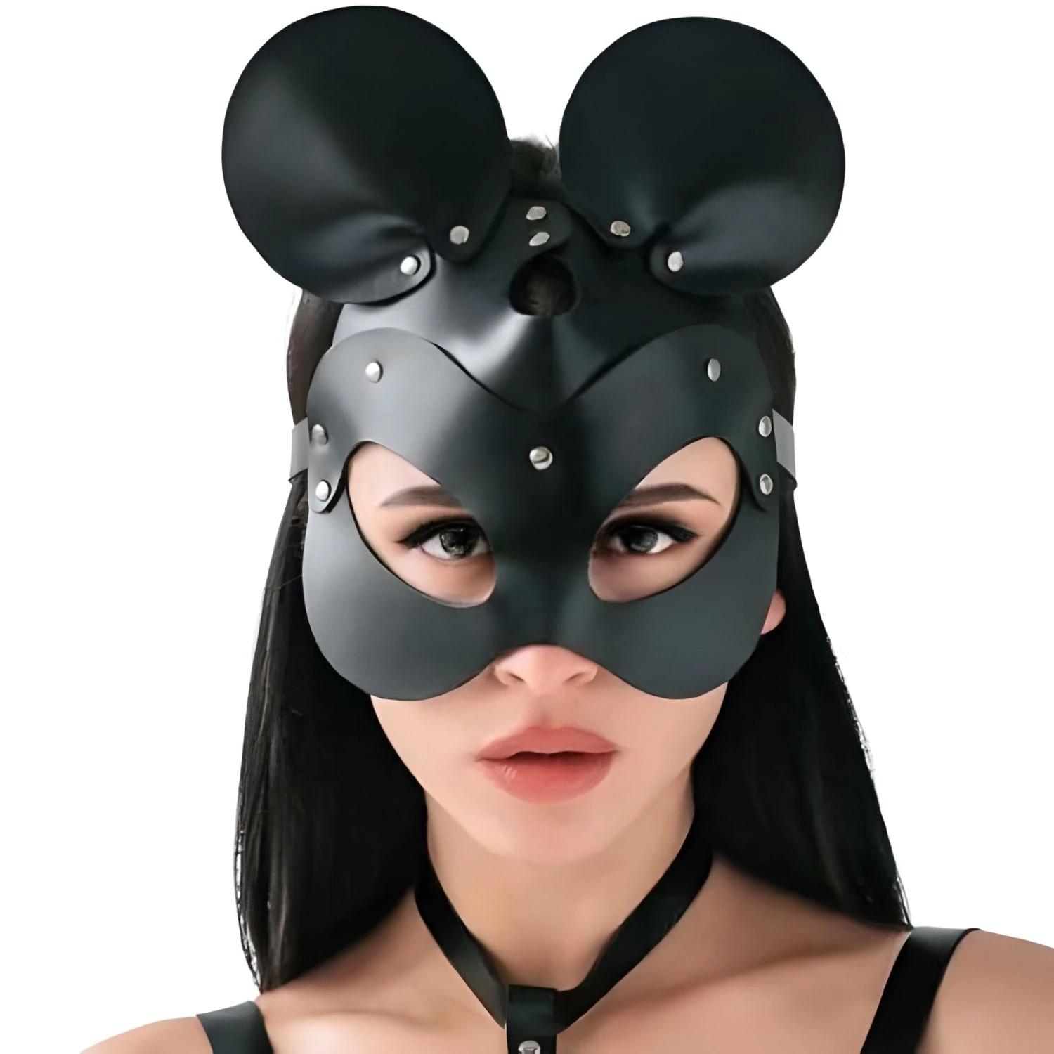 Sens Fantasy Mickey Mouse Mask Yuvarlak Kulaklı Fantezi Deri Maske - J967 - Siyah