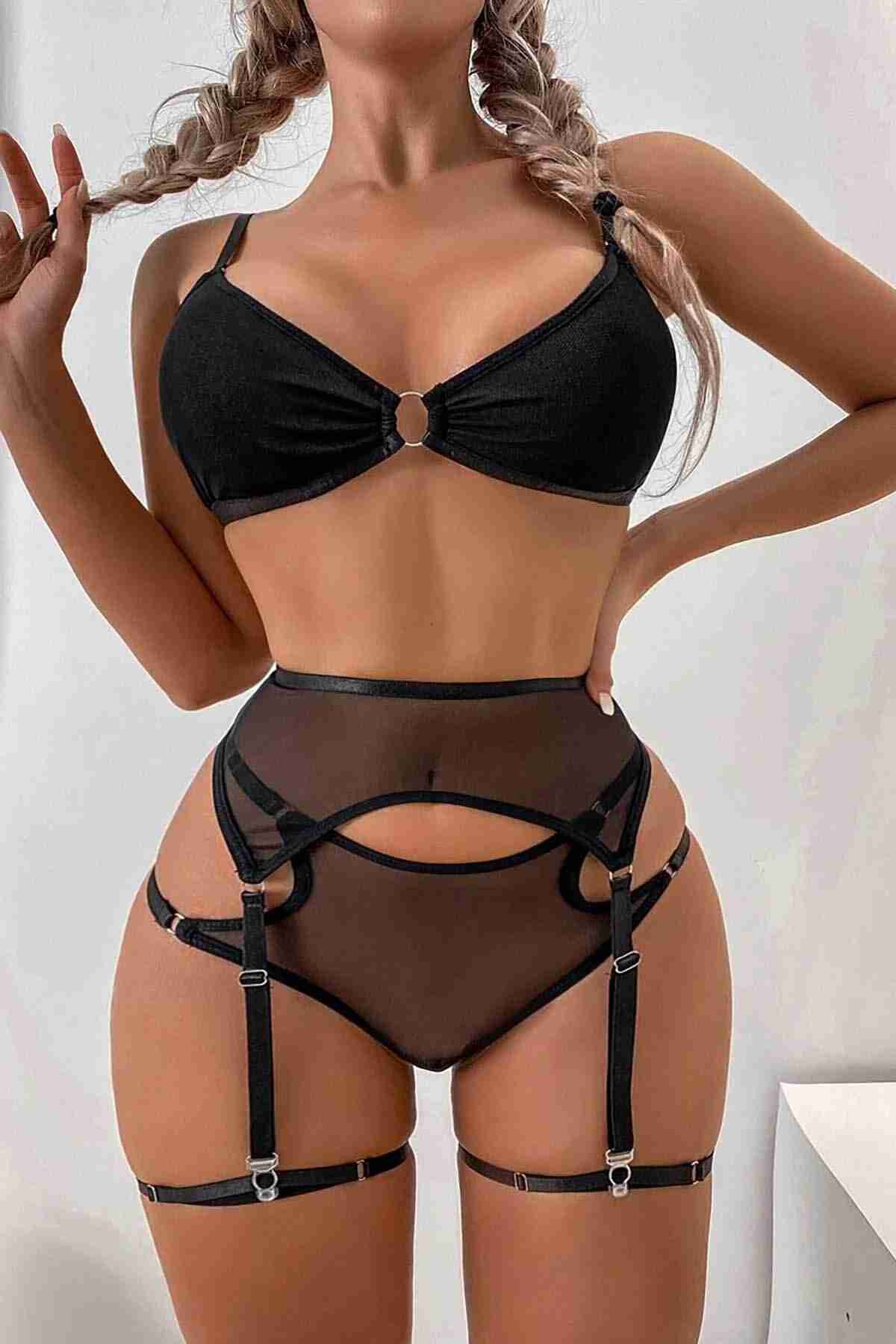 Fantezi Jartiyer Takım Seksi Sütyen Külot Siyah - 2663