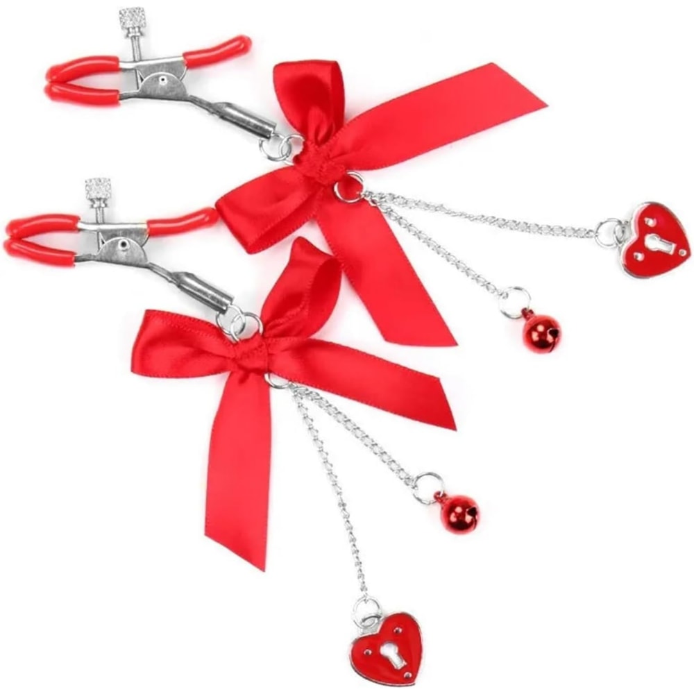 Kırmızı Kurdeleli Kalp Charm Göğüs Uyarıcı Meme Ucu Klipsi Red Ribbon Nipple Clamps detay